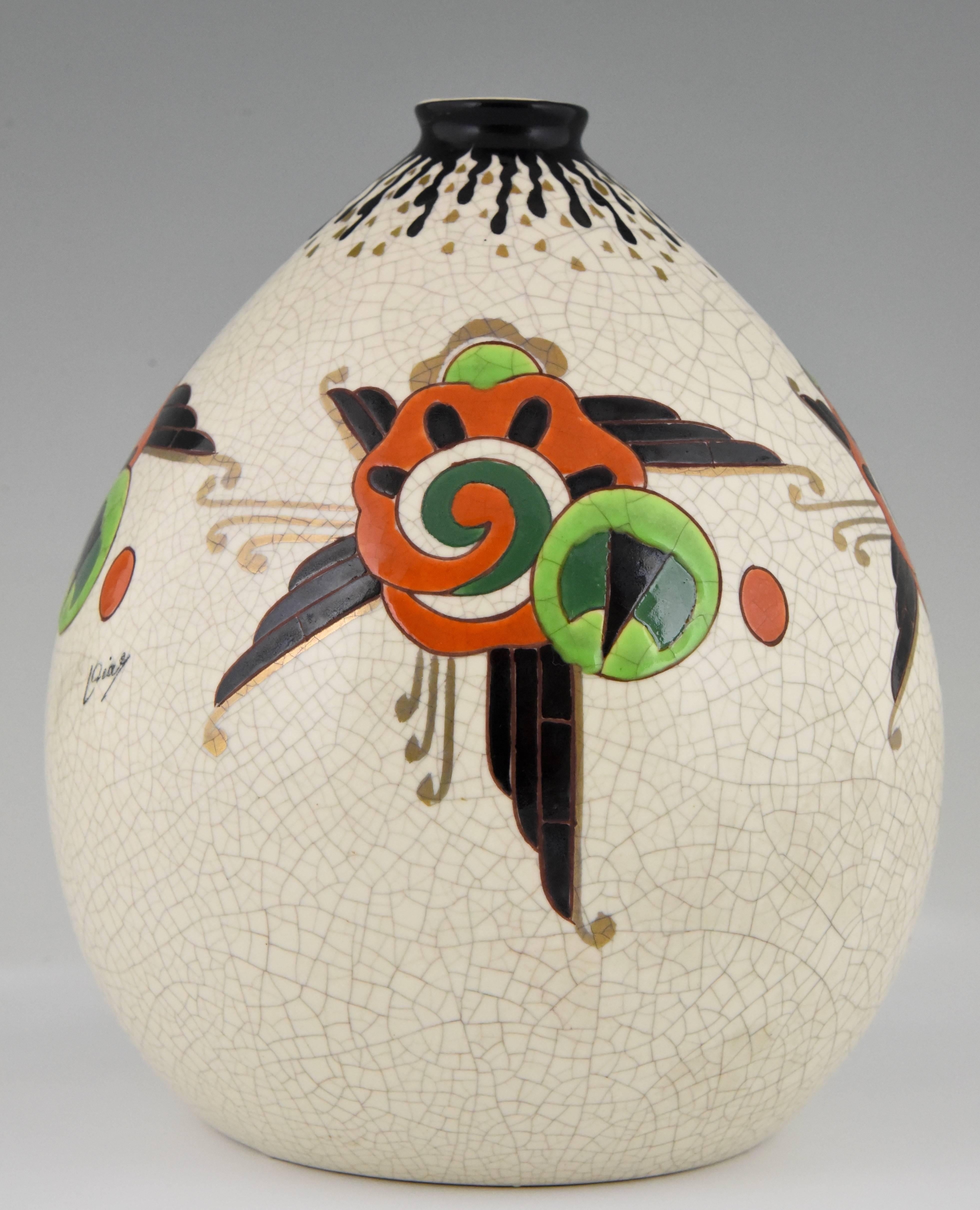 French Art Deco Crackle and Enamel Globe Vase Orchies, France, 1930