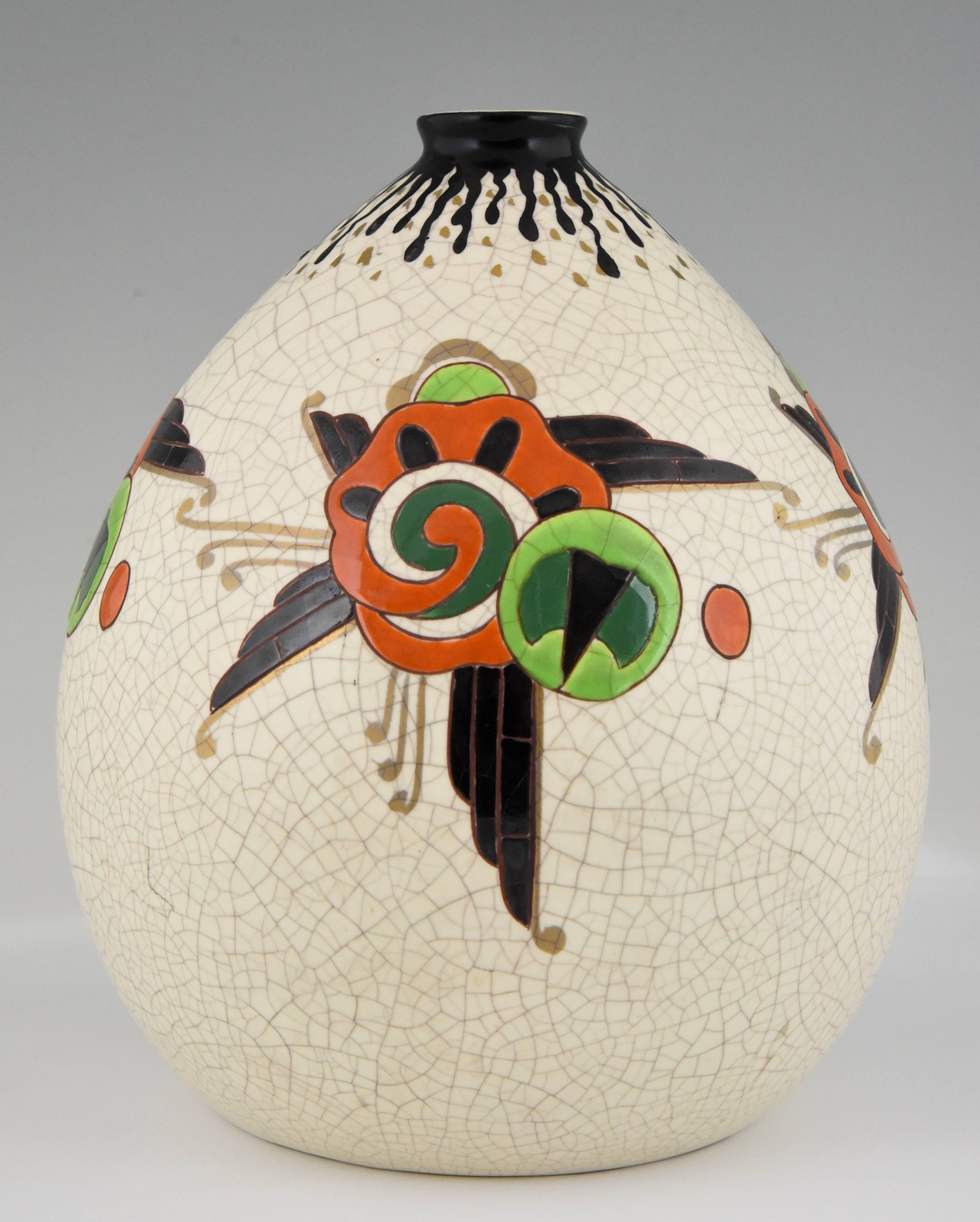 Mid-20th Century Art Deco Crackle and Enamel Globe Vase Orchies, France, 1930