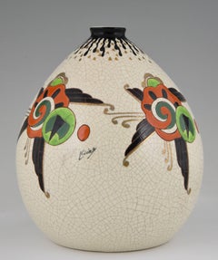 Art Deco Crackle and Enamel Globe Vase Orchies, France, 1930