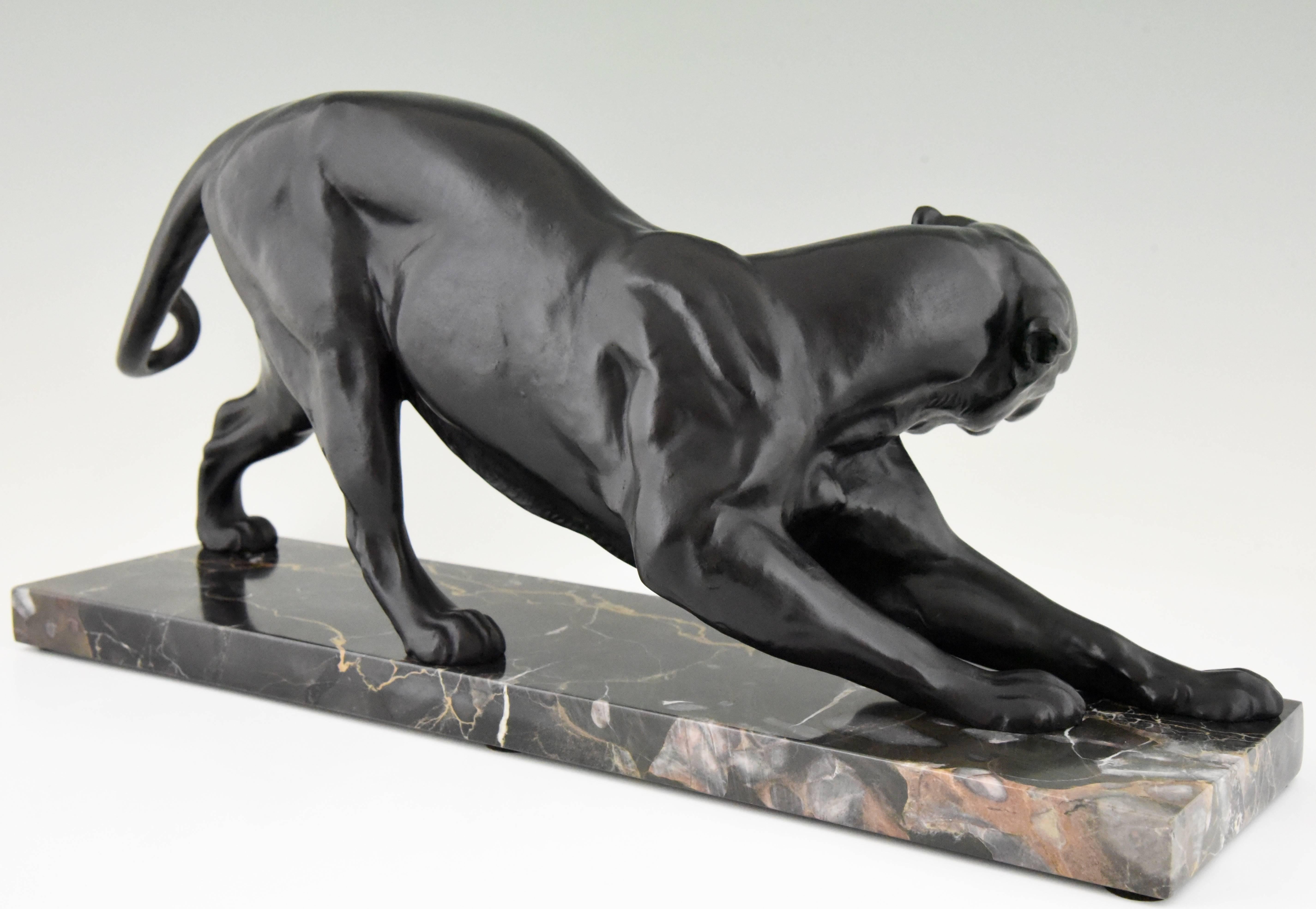 French Art Deco Sculpture of a Panther Plagnet on Marble Base, France, 1930