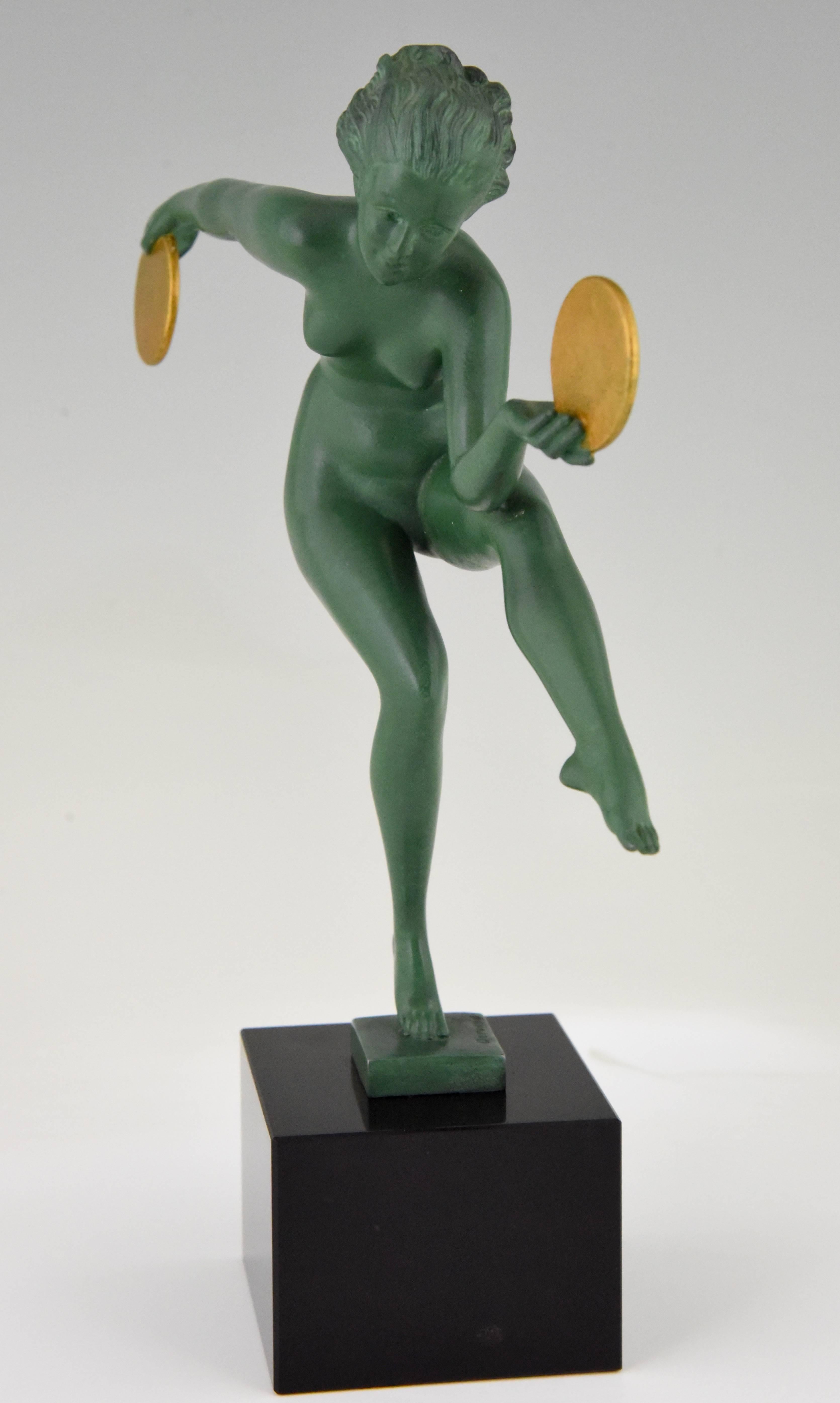 French Art Deco Sculpture Nude Dancer with Discs by Marcel Bouraine, Derenne, 1930