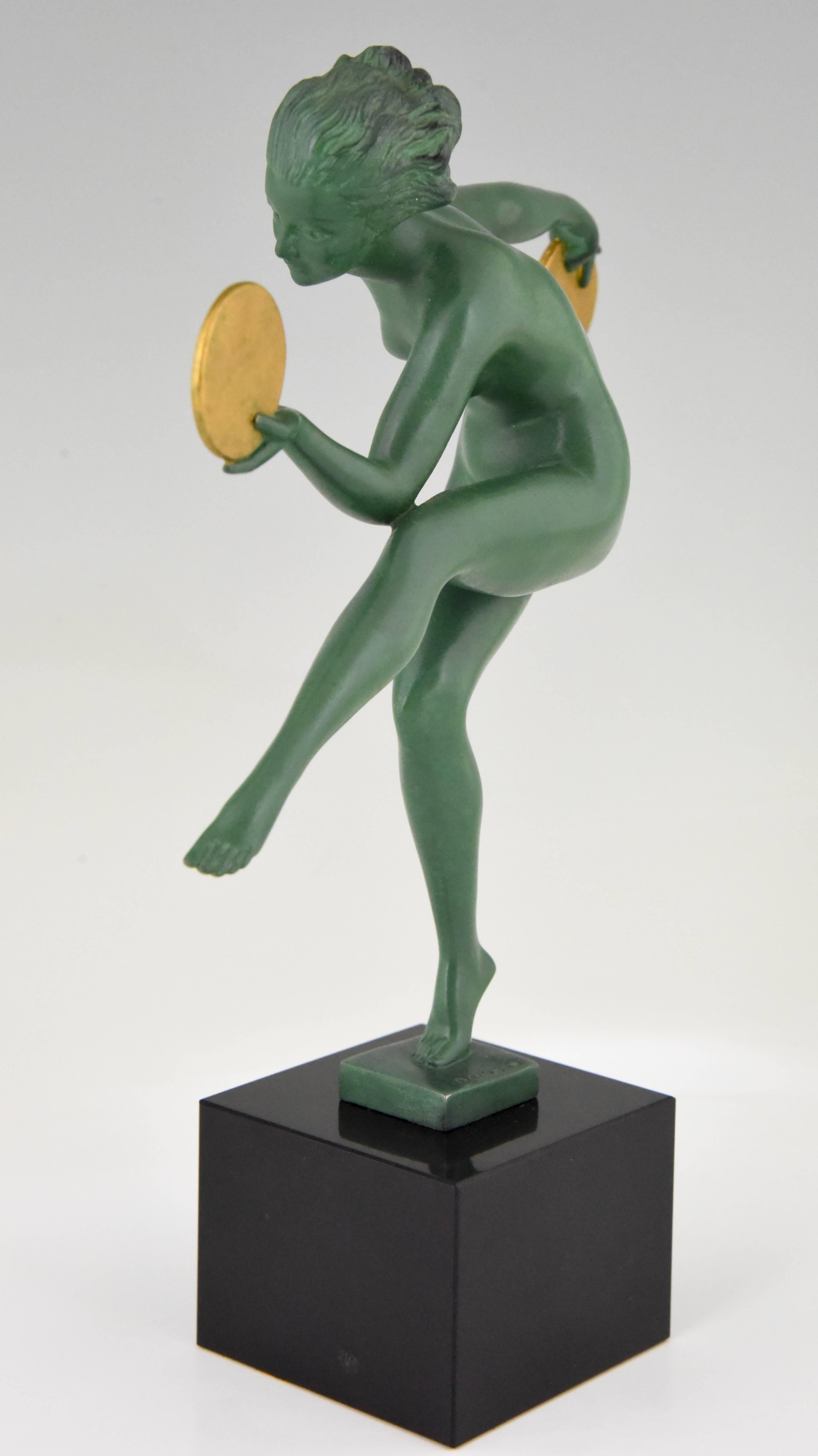 Patinated Art Deco Sculpture Nude Dancer with Discs by Marcel Bouraine, Derenne, 1930