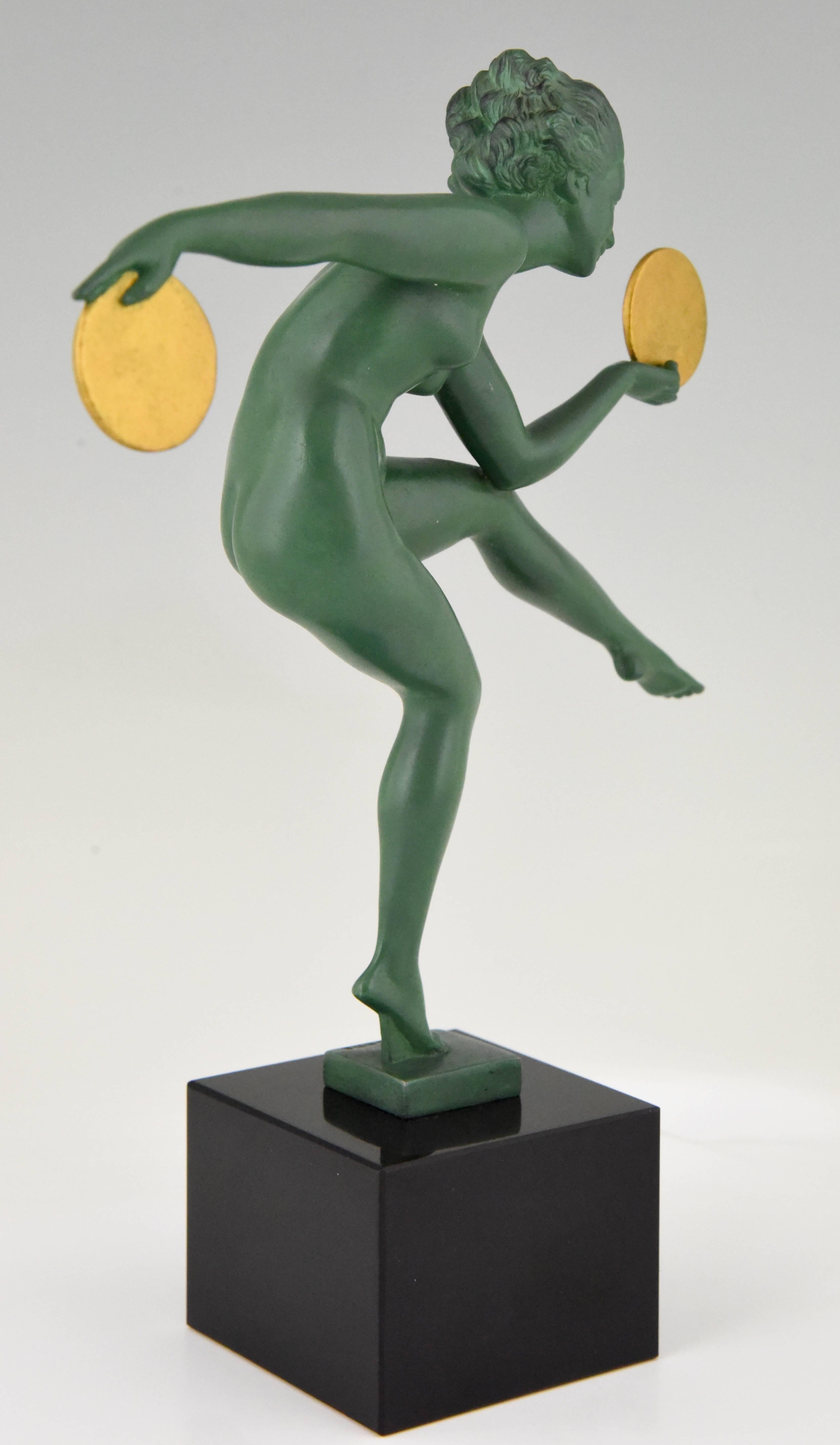 Metal Art Deco Sculpture Nude Dancer with Discs by Marcel Bouraine, Derenne, 1930
