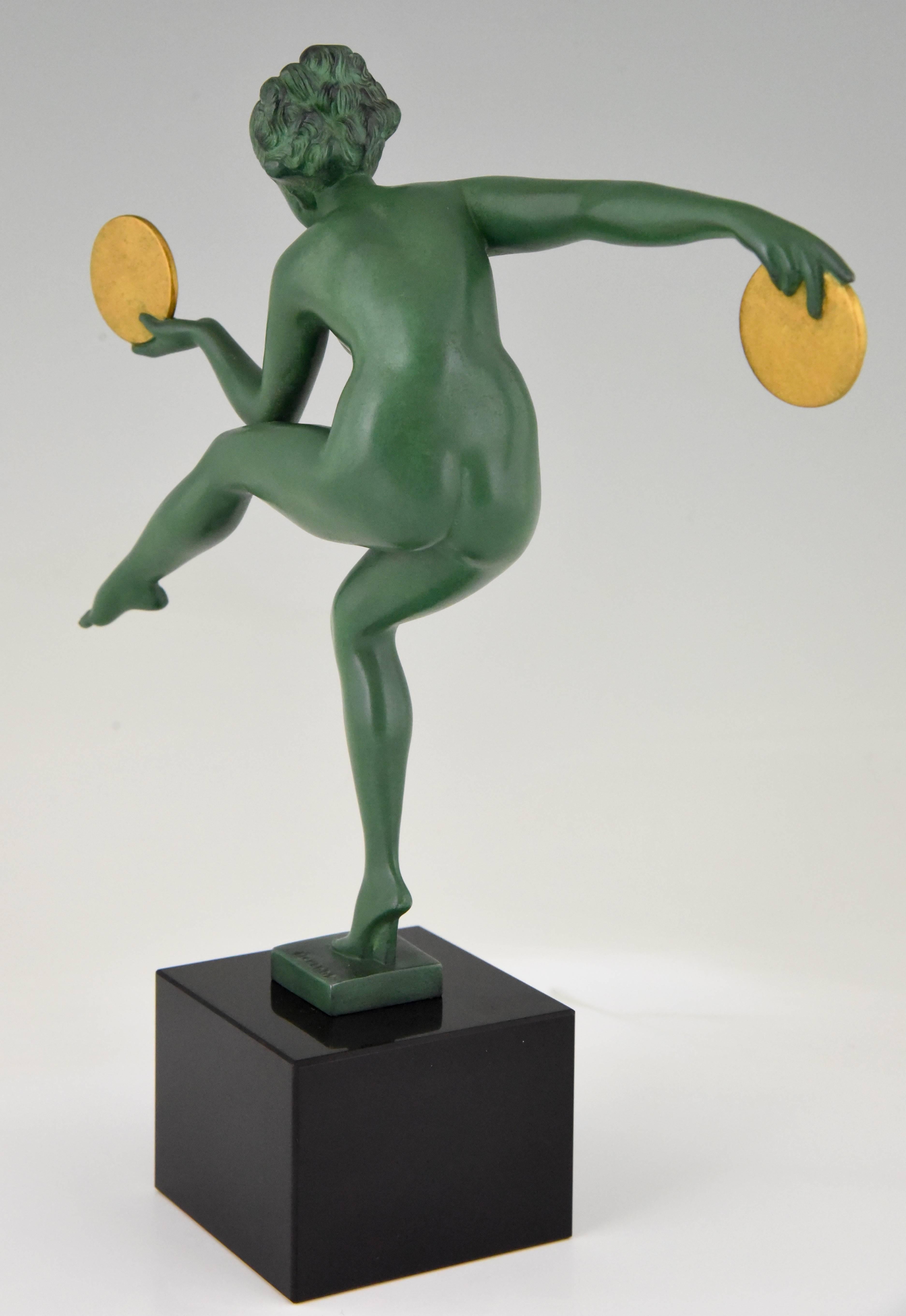 20th Century Art Deco Sculpture Nude Dancer with Discs by Marcel Bouraine, Derenne, 1930