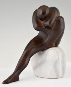 L' Uomo, Bronze Sculpture of a Sitting Man Marble Base by Selvino Cavezza, 1985