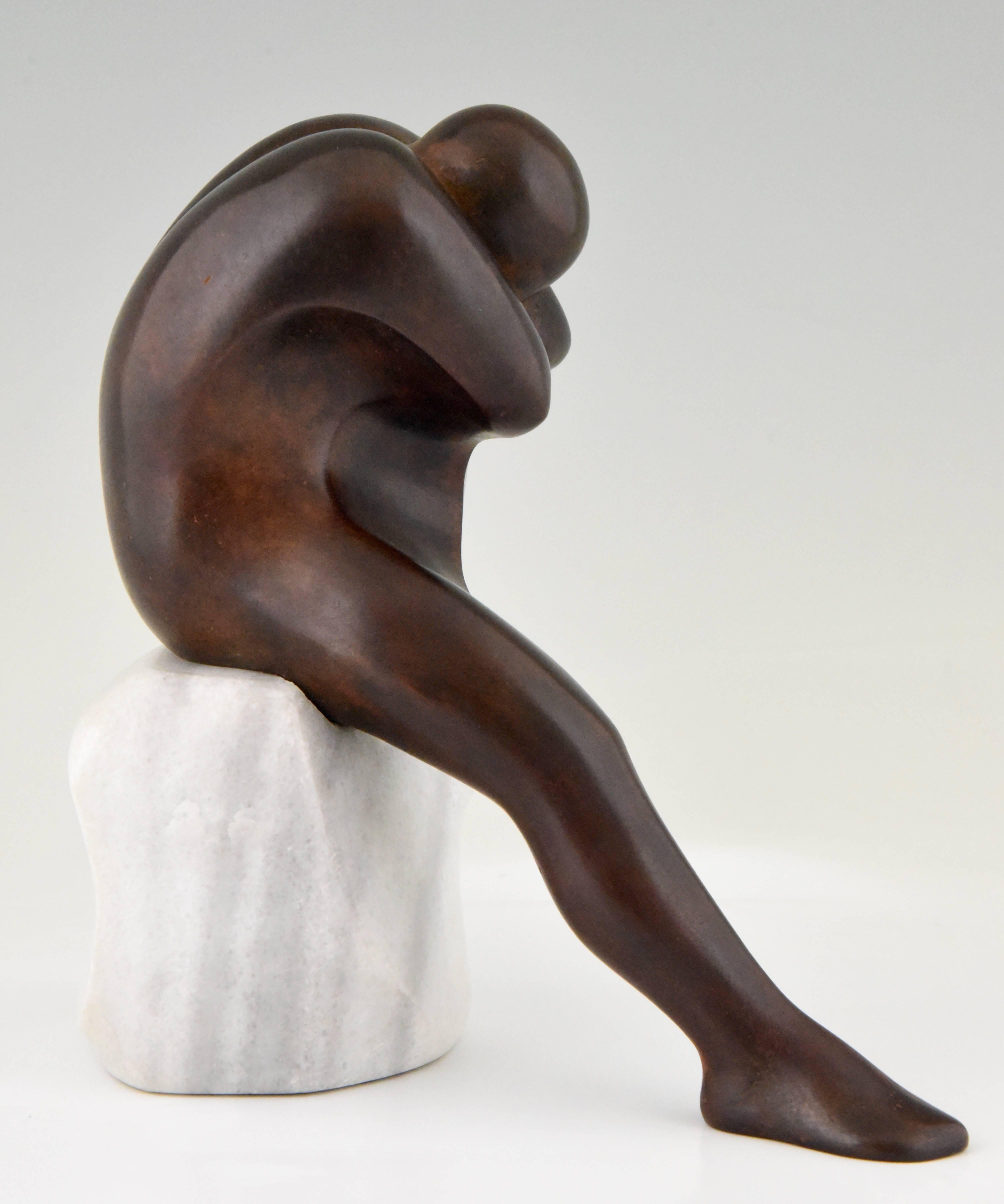 Italian L' Uomo, Bronze Sculpture of a Sitting Man Marble Base by Selvino Cavezza, 1985
