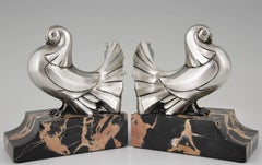 Art Deco Silvered Bronze Dove Bookends by Scribe Marble Base, France, 1930