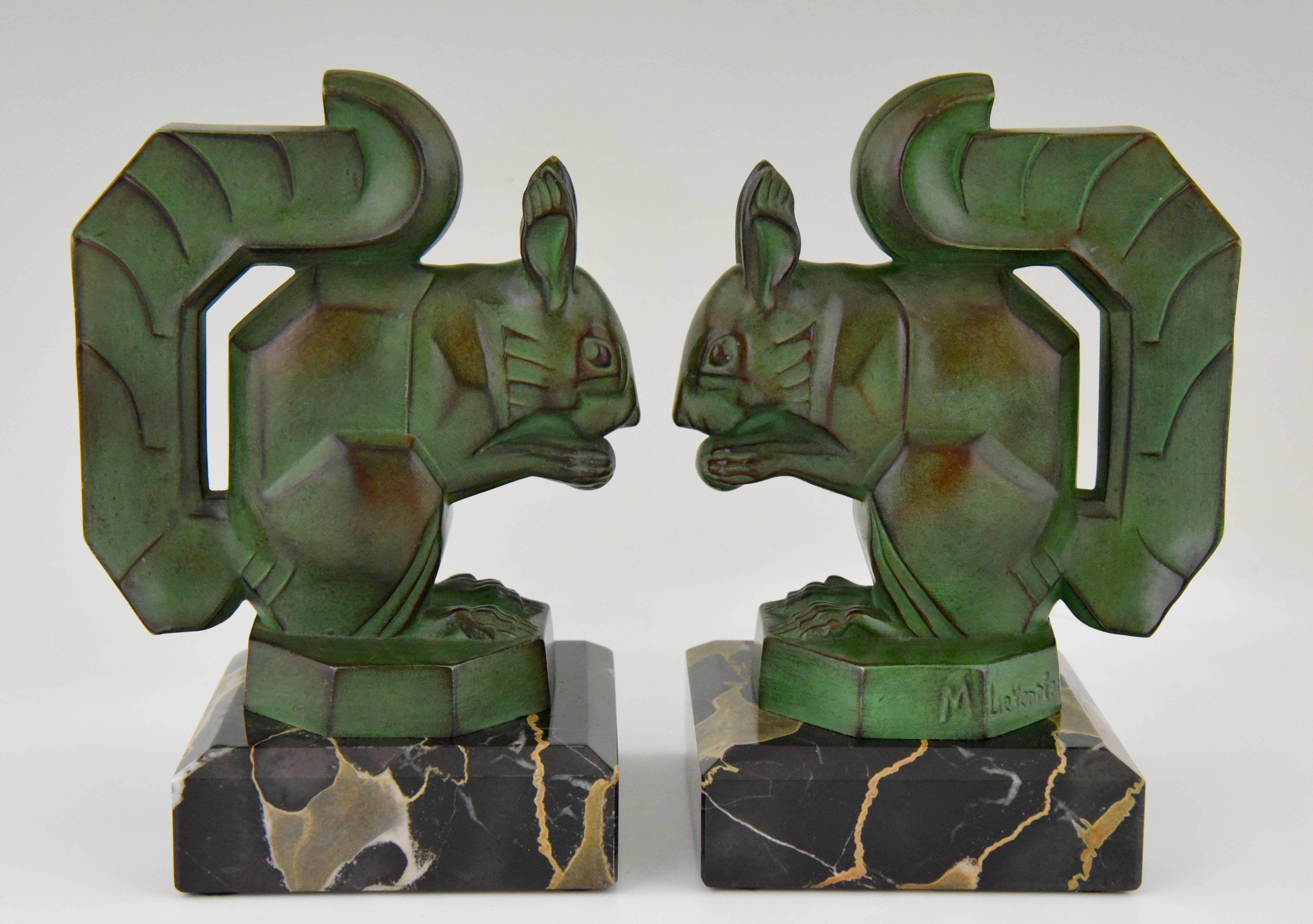 French Art Deco Squirrel Bookends by Max Le Verrier on Marble Base France, 1930