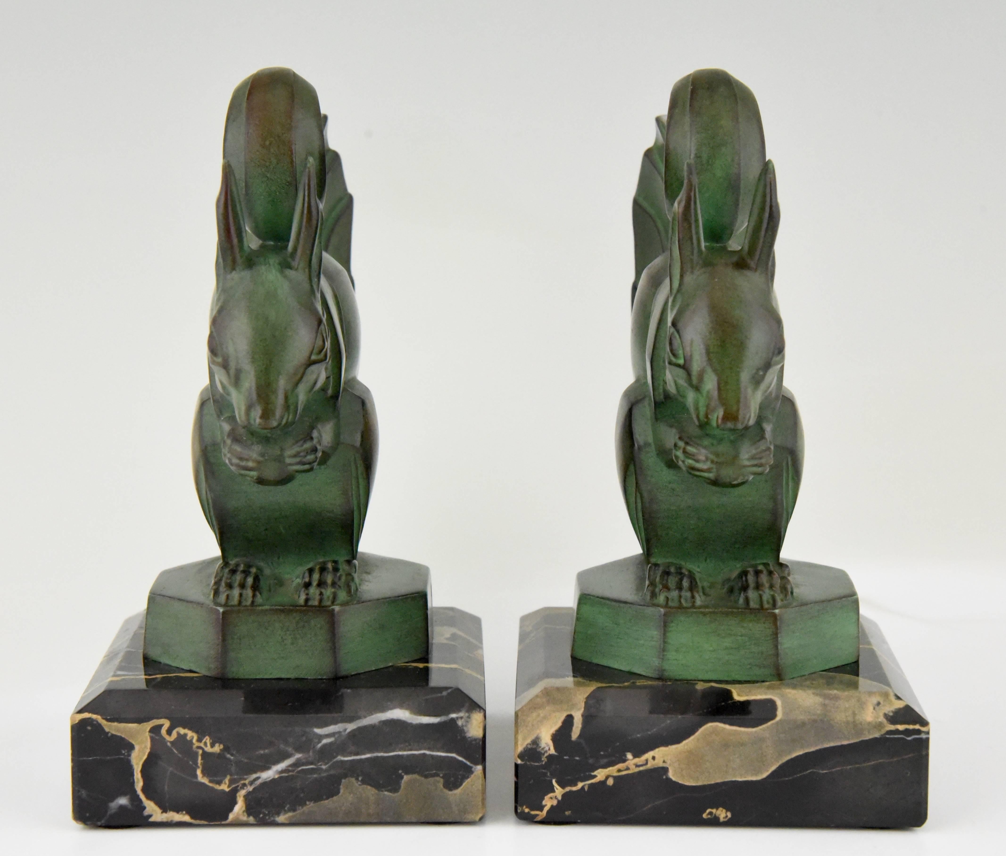 Patinated Art Deco Squirrel Bookends by Max Le Verrier on Marble Base France, 1930