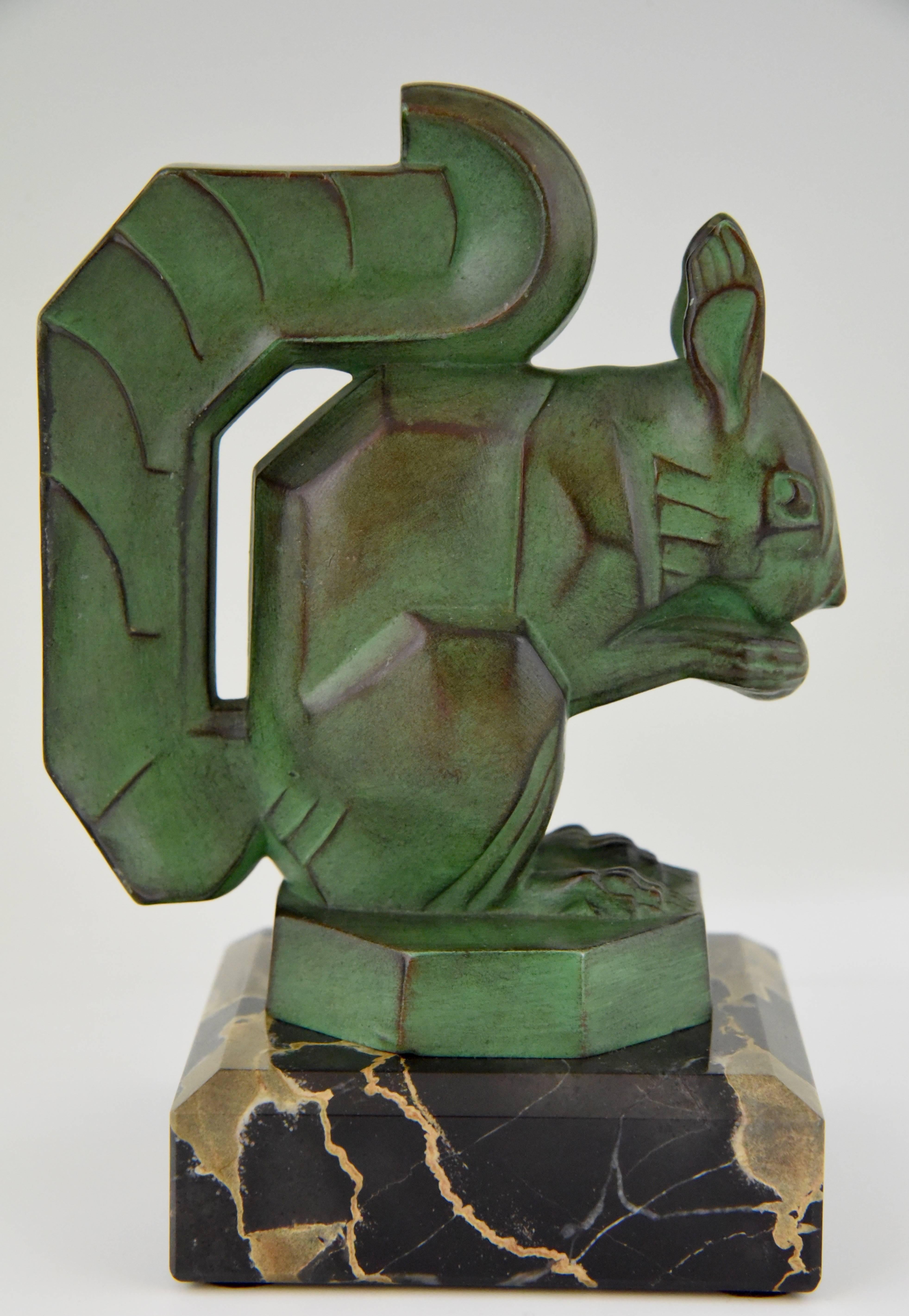 Metal Art Deco Squirrel Bookends by Max Le Verrier on Marble Base France, 1930