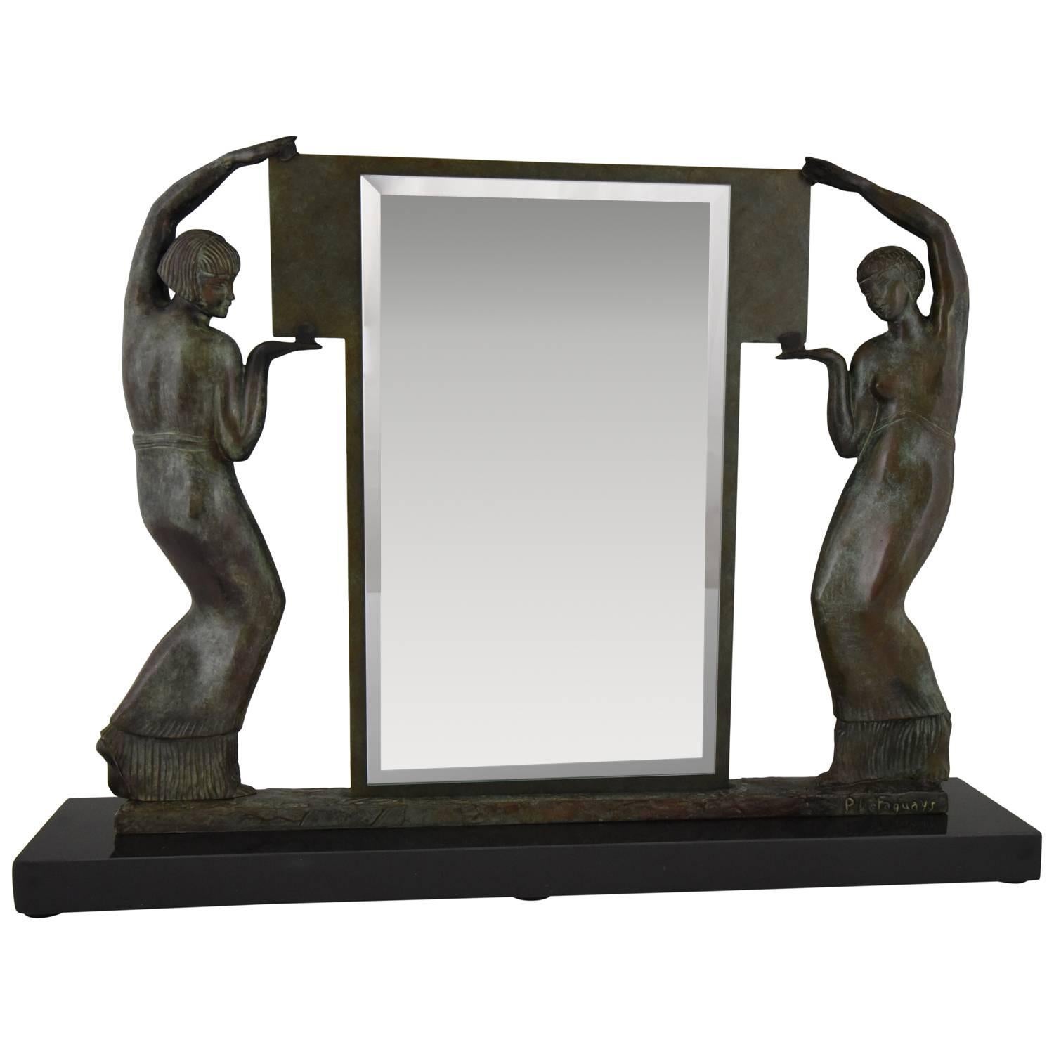 Exceptional bronze figural mirror with two ladies holding the mirror glass signed by the French artist Pierre Le Faguays. Beautiful green patina with shades on a Belgian black marble base.

Artist/ maker: Pierre Le Faguays
Signature/ marks: P. Le