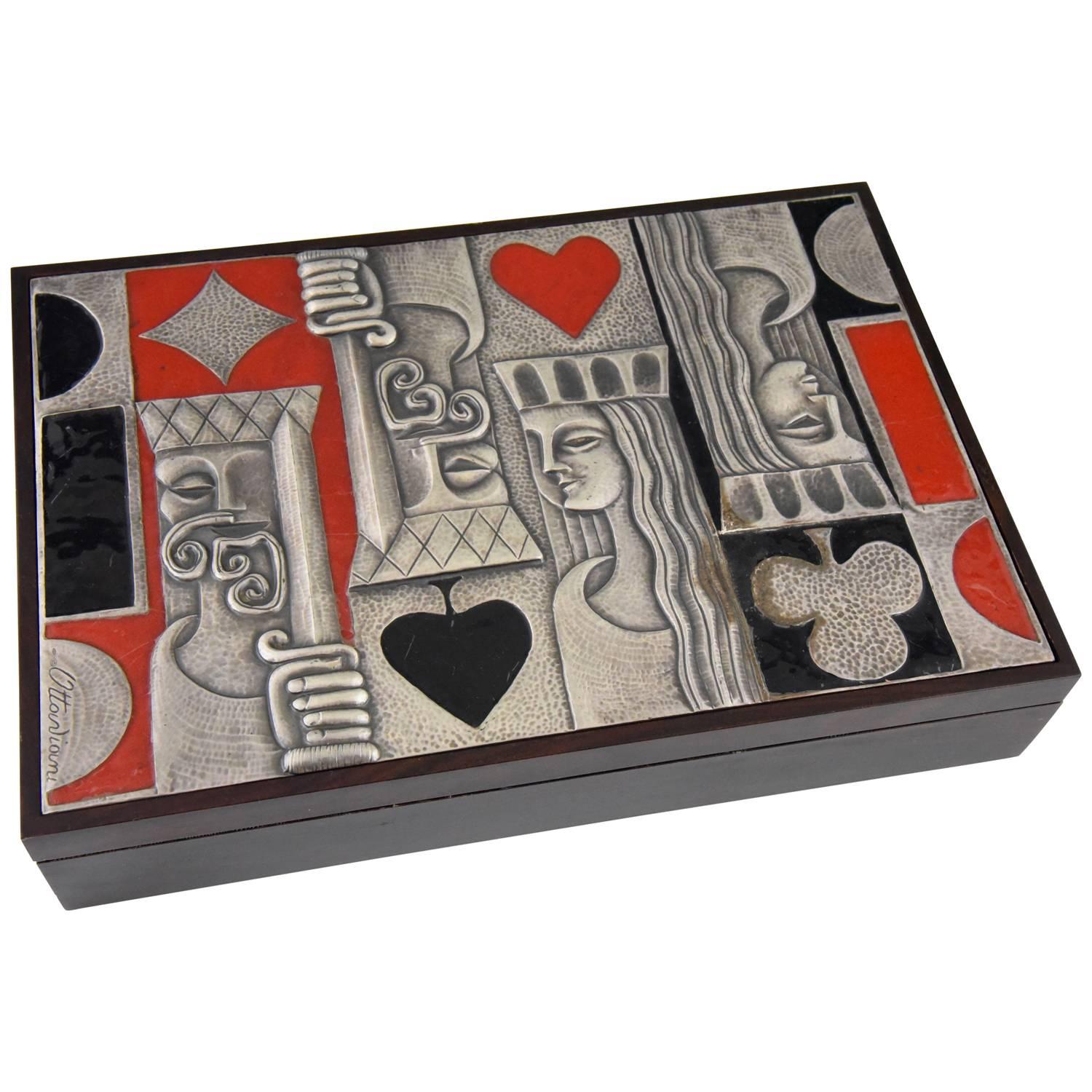 Ottaviani Card Playing Box 1960 Sterling Silver, Enamel and Wood Italy