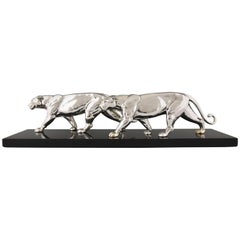 Art Deco Silvered Sculpture of Two Panthers by Alexandre Ouline, France, 1930