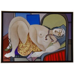 Painting of a Nude with Gold Skirt Holding Pink Letter by Dominique Péry France