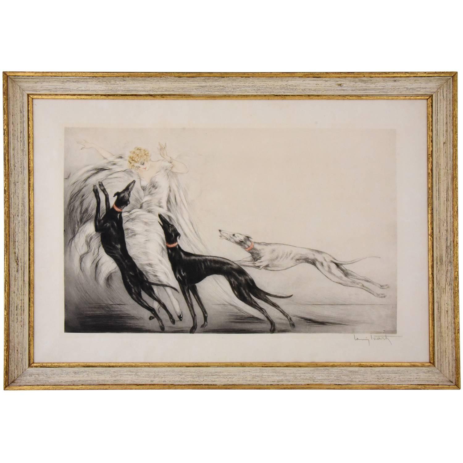Coursing, Art Deco Etching Elegant Lady with Grey Hound Dogs by Louis Icart 1929