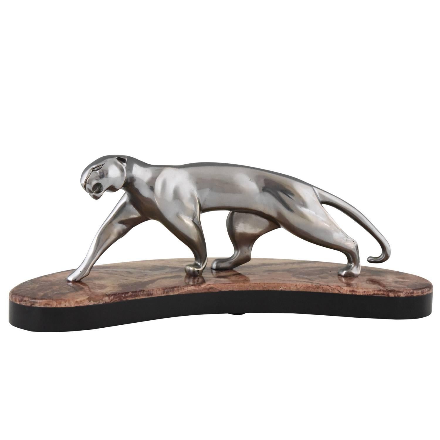 Art Deco Nickel-Plated Bronze Panther Marble Base by Michel Decoux, France, 1930