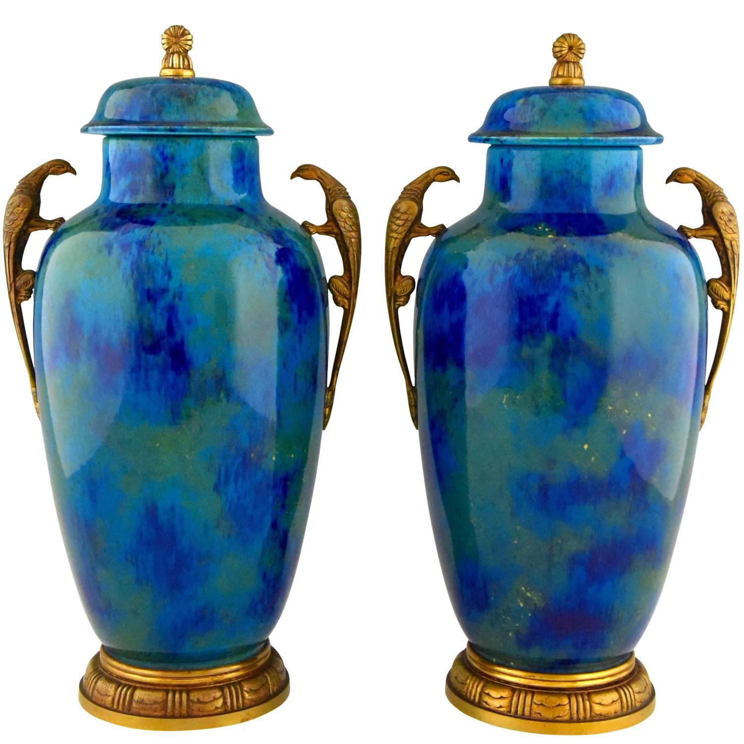 Pair of Art Deco Blue Ceramic and Bronze Vases Paul Milet for Sèvres France 1925