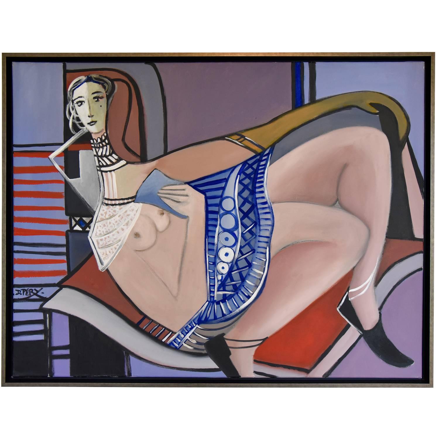 Painting Nude with Blue Skirt Holding Blue Letter Dominique Péry 2010 France 