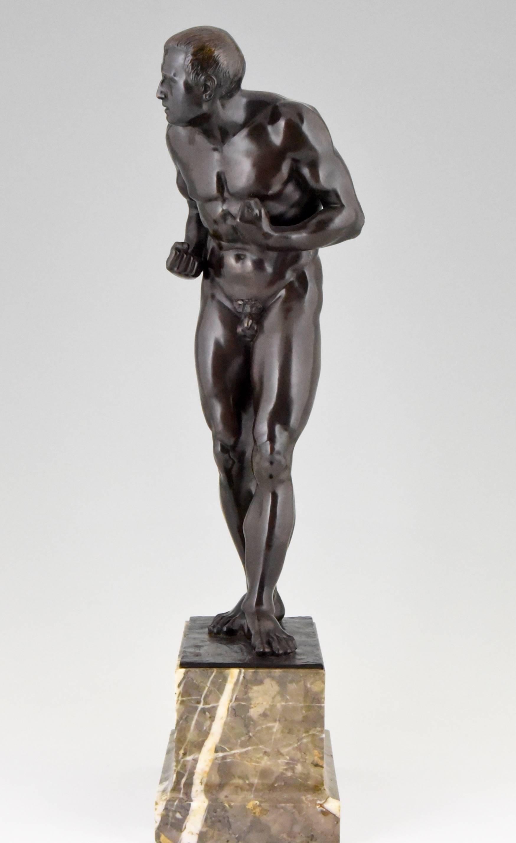 Patinated Antique Bronze Male Nude Boxer by Otto Feist, Germany 1906 Foundry Mark