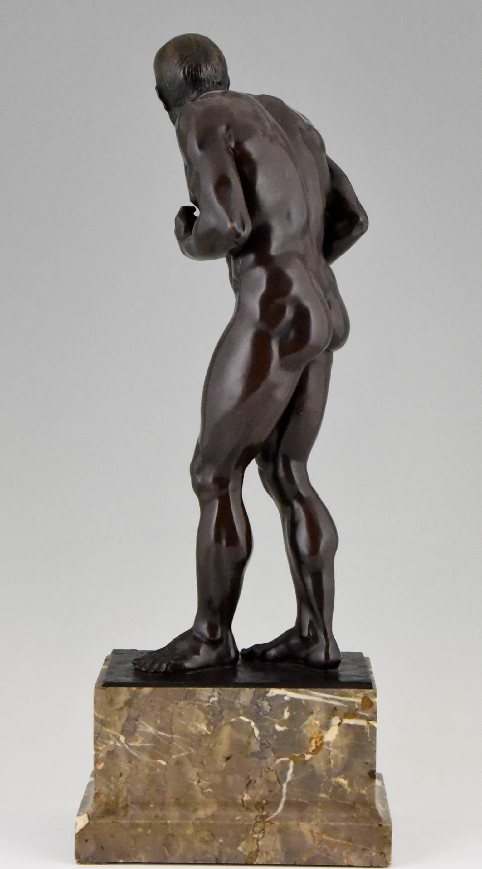 Romantic Antique Bronze Male Nude Boxer by Otto Feist, Germany 1906 Foundry Mark