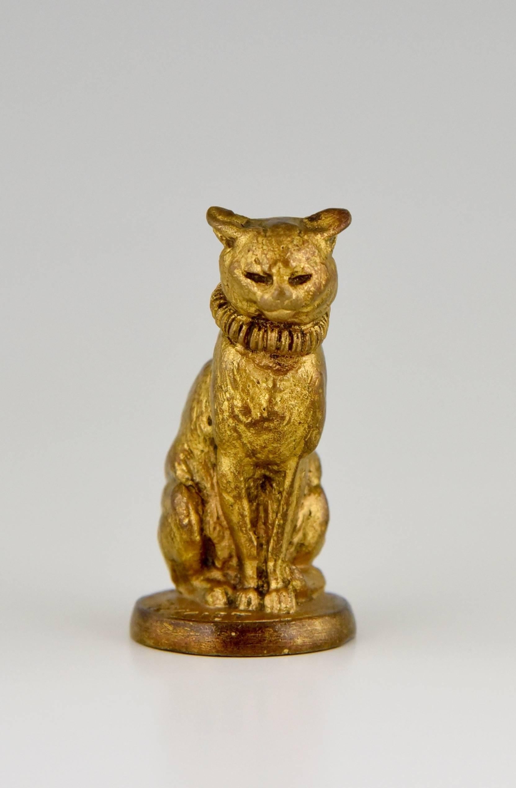 Gilt Antique bronze sculpture of a cat letter seal  by Fremiet, Barbedienne foundry.