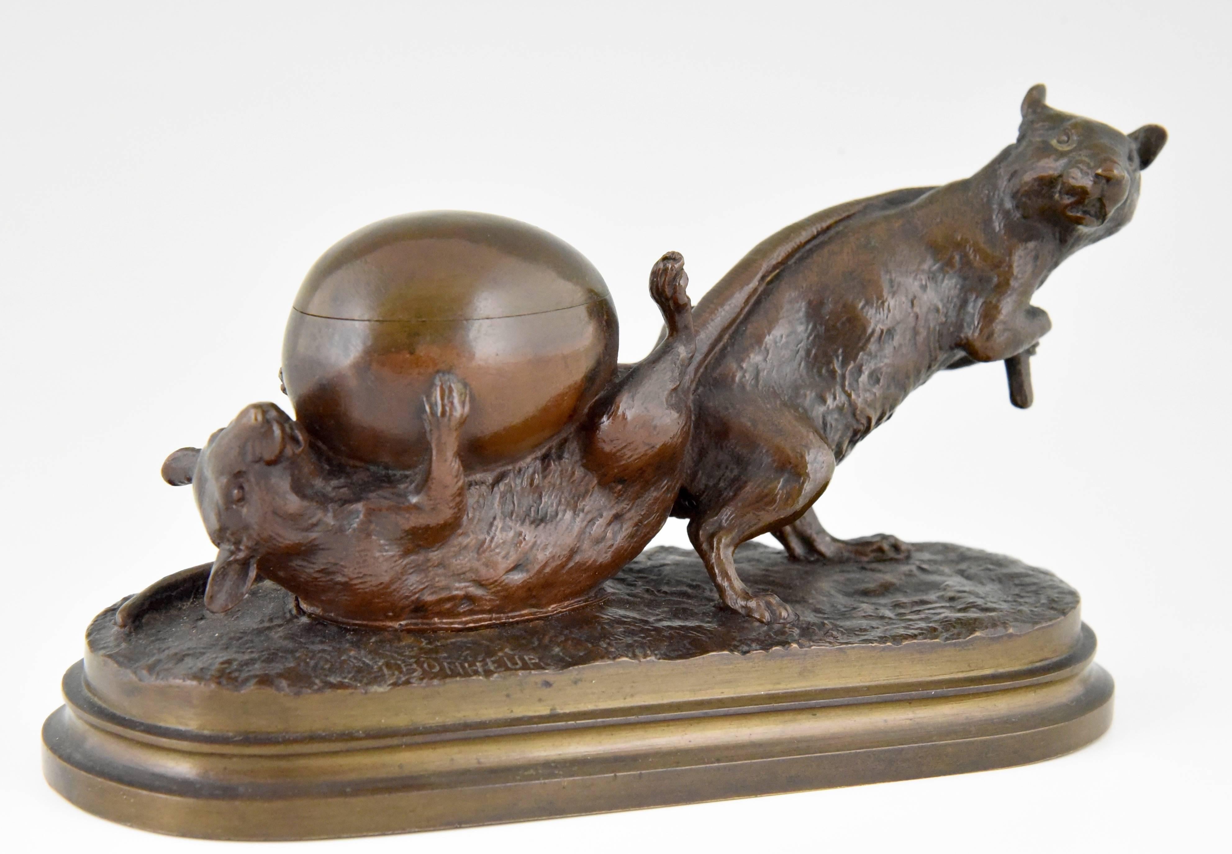 Patinated French Antique bronze sculpture of two mice & egg by Isidore Bonheur 1880