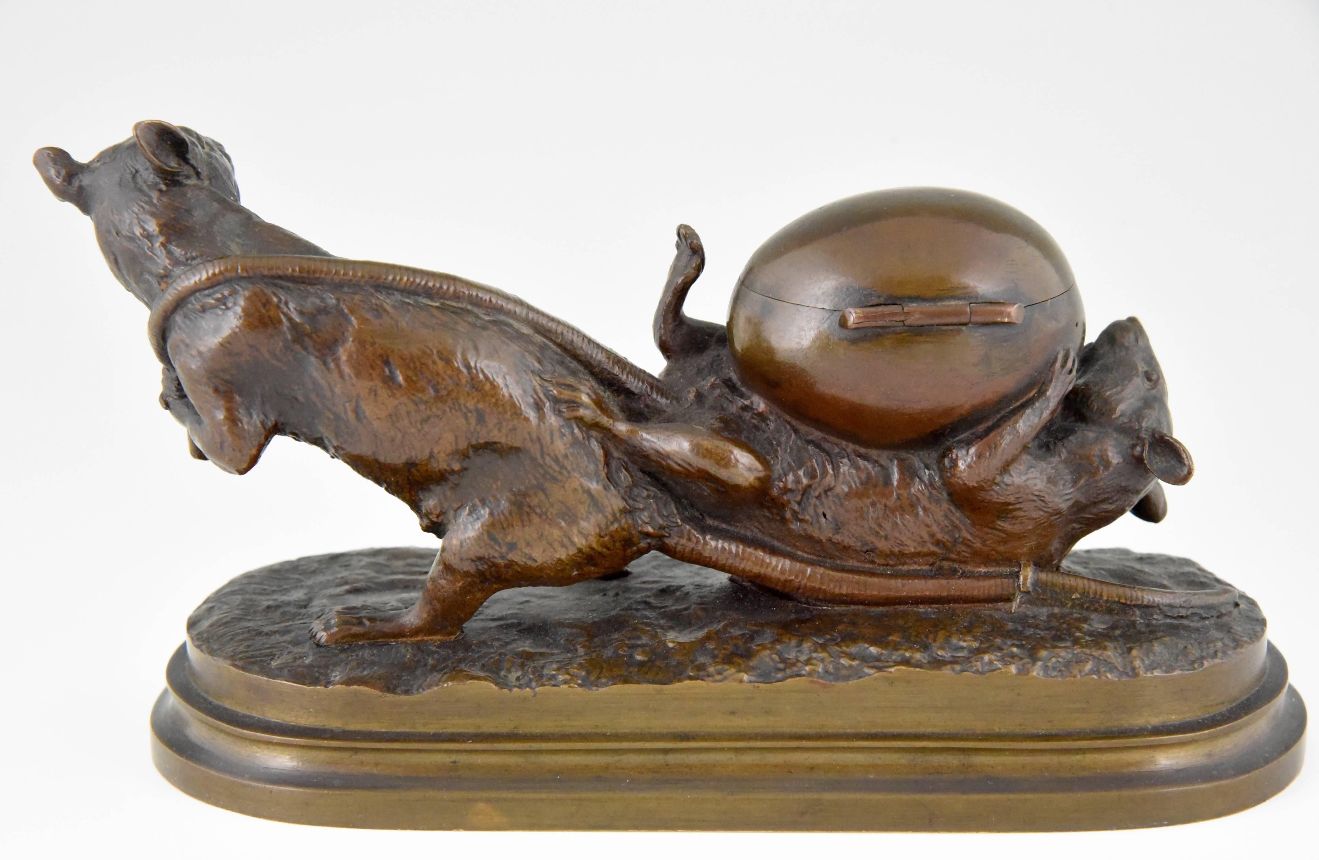 Romantic French Antique bronze sculpture of two mice & egg by Isidore Bonheur 1880