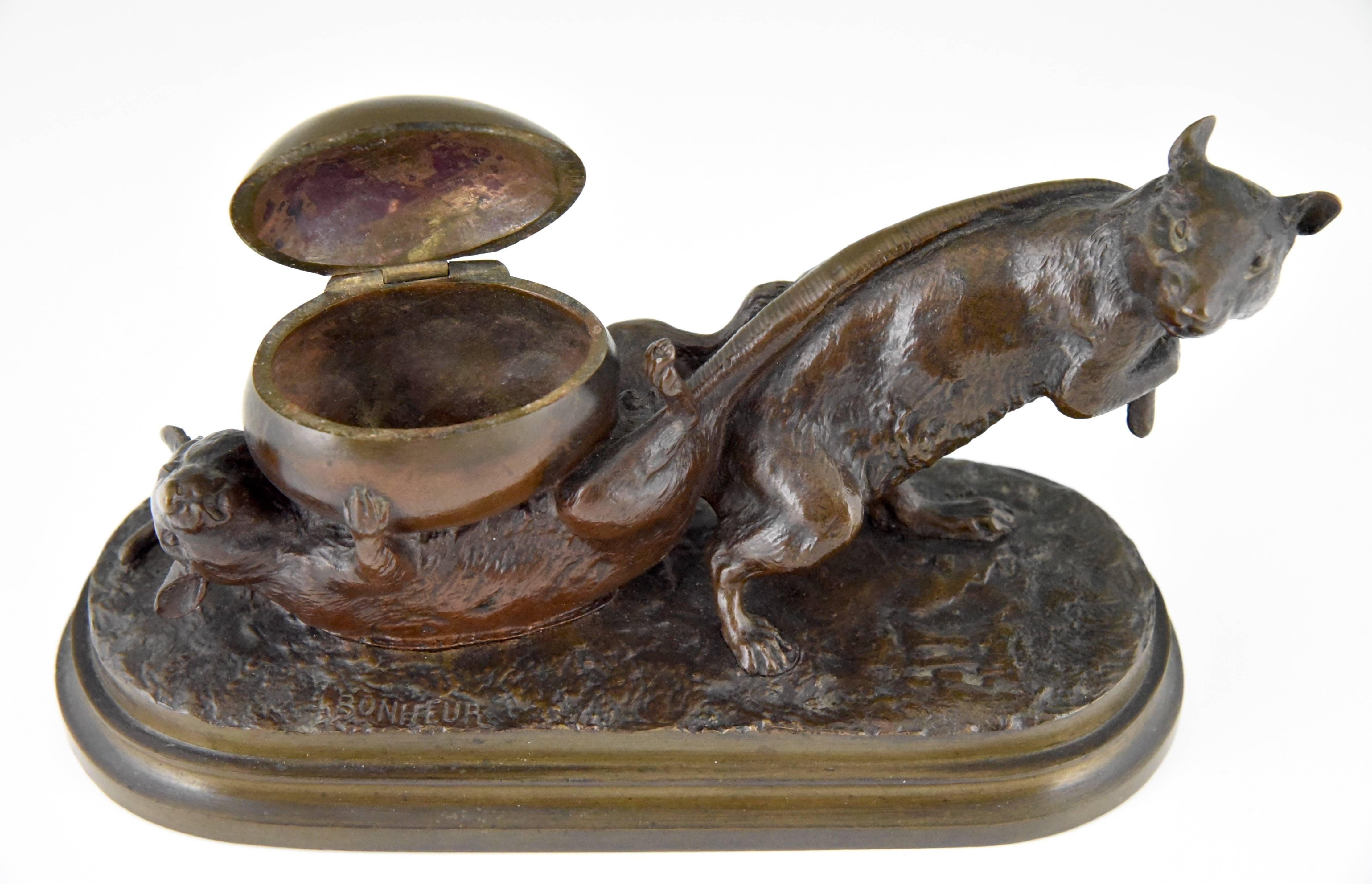 Antique bronze sculpture of two mice and an egg by Isidore Bonheur. After the fable by Jean de La Fontaine. 
The egg can be opened.