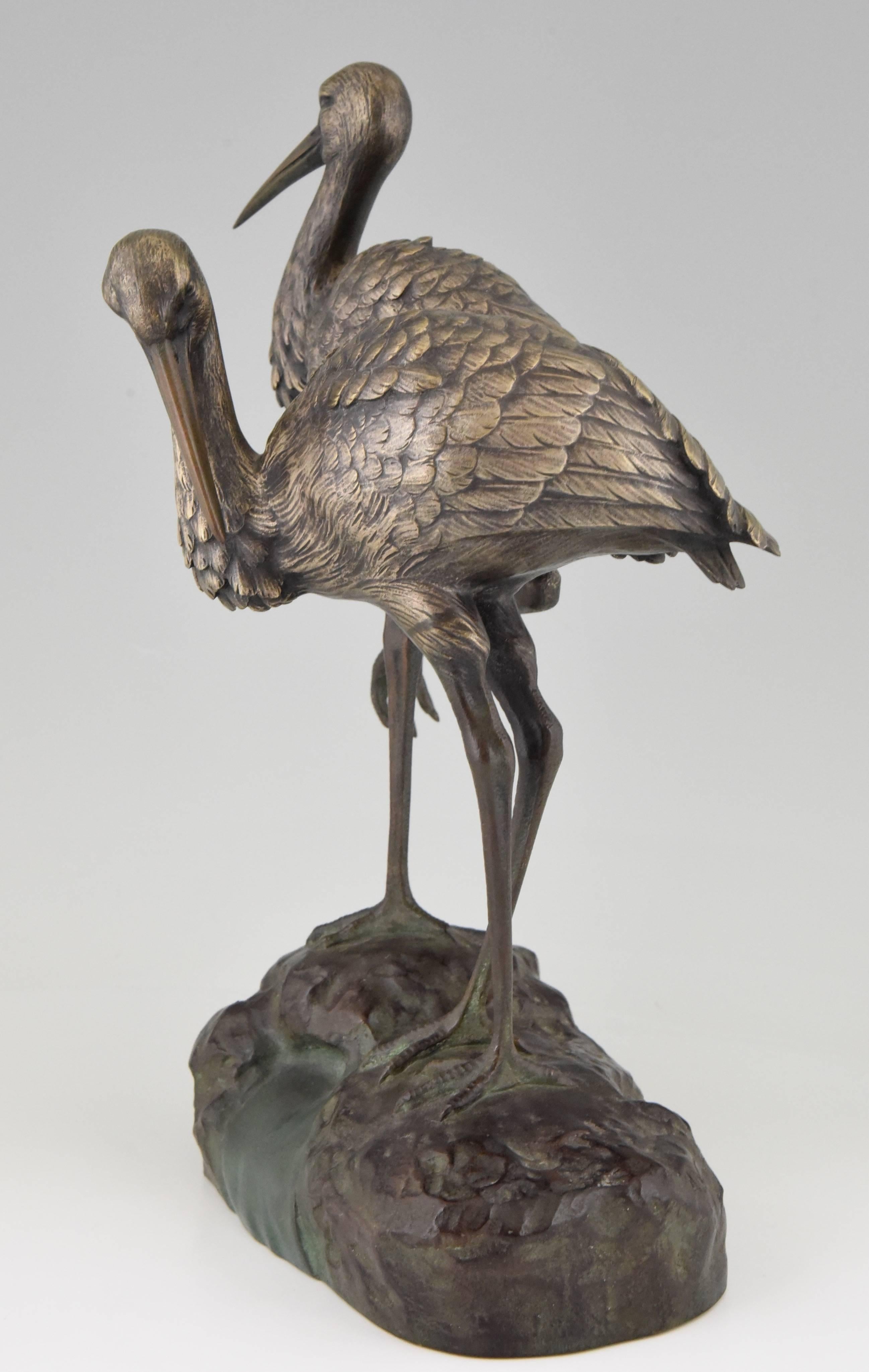 Patinated Art Deco bronze sculpture of a couple of storks by A. Vannier, 1930 France