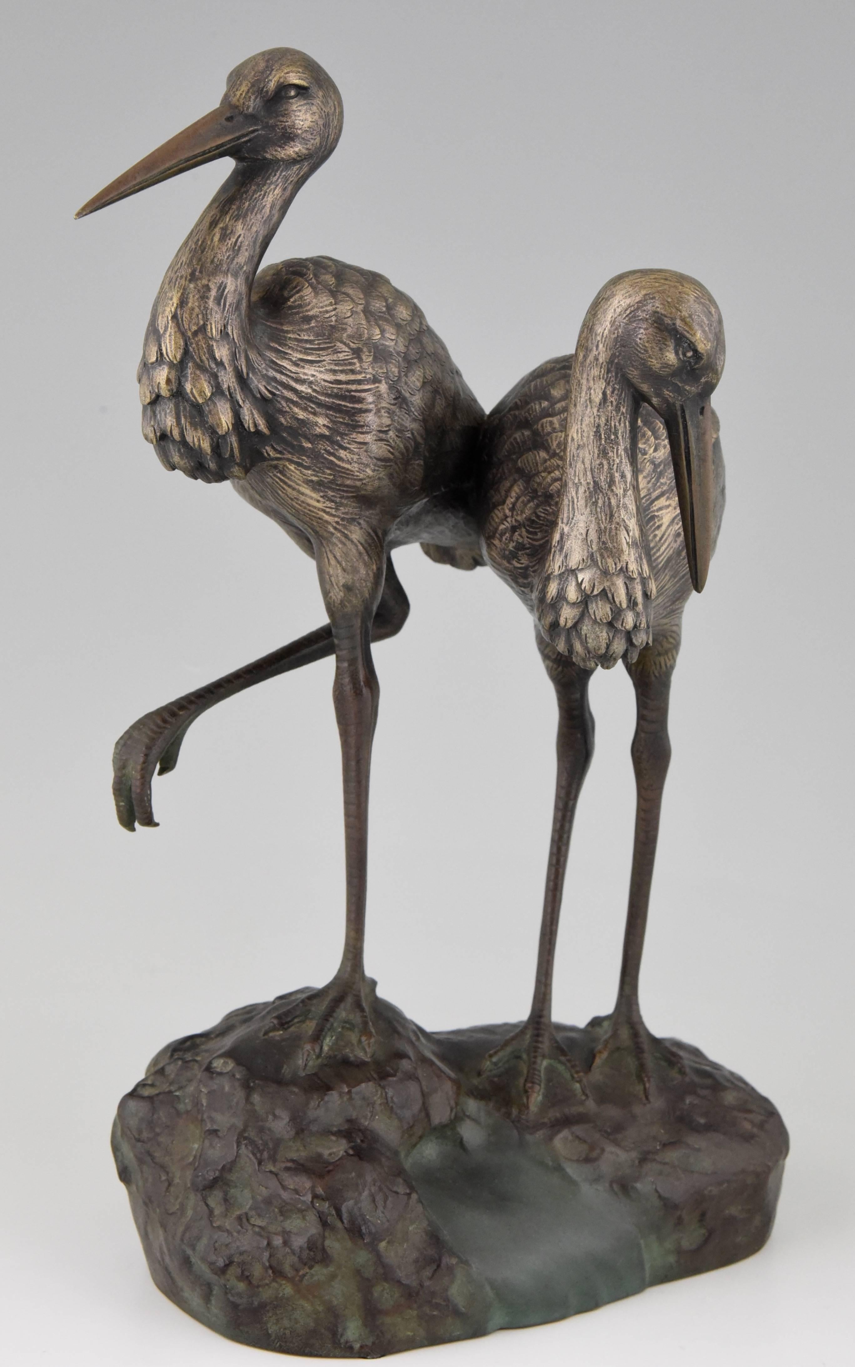 French Art Deco bronze sculpture of a couple of storks by A. Vannier, 1930 France