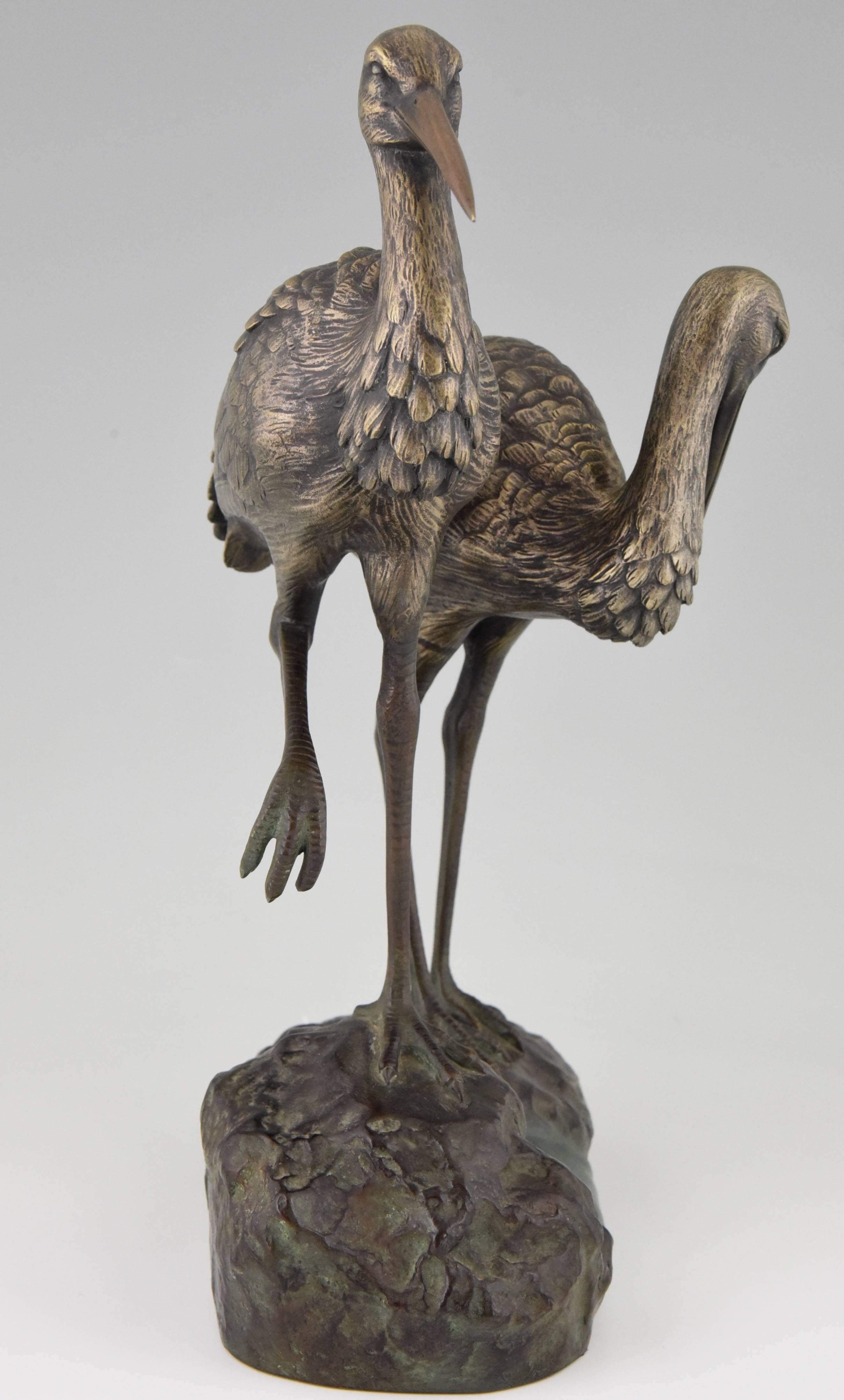 Bronze Art Deco bronze sculpture of a couple of storks by A. Vannier, 1930 France