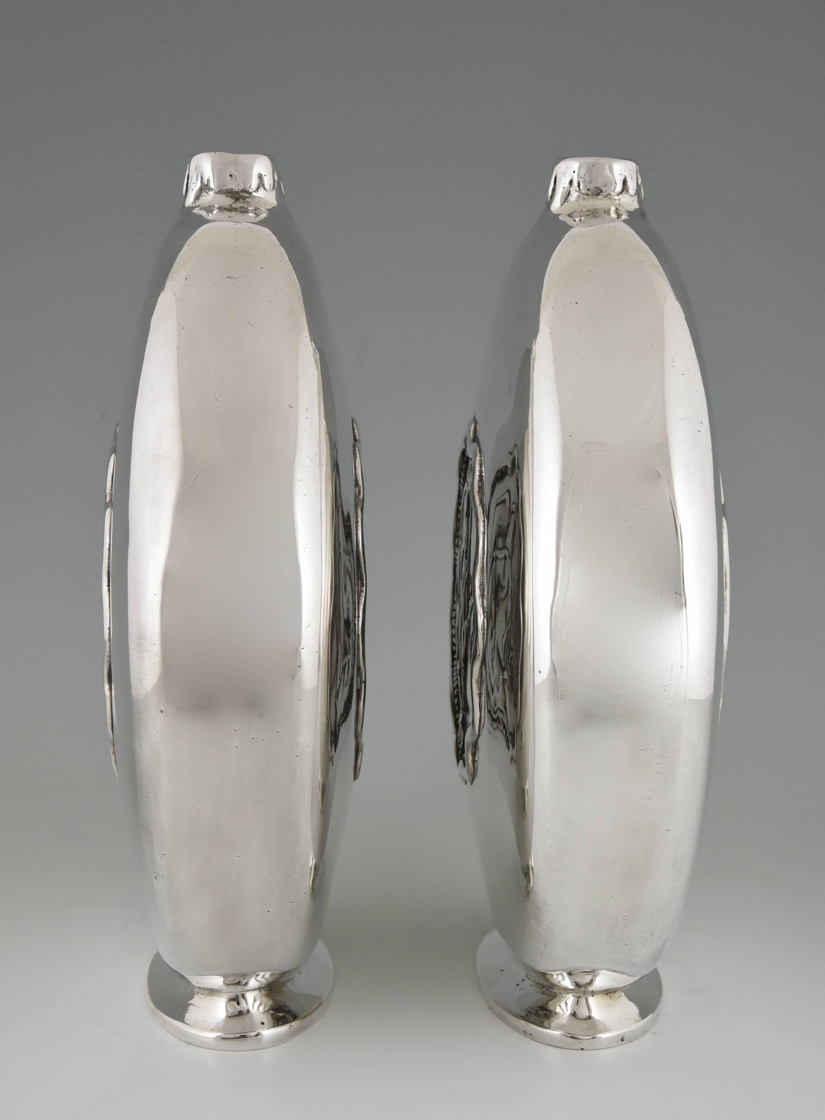 French Pair of Silvered Bronze Art Deco Vases by G. Poitvin 1930 1