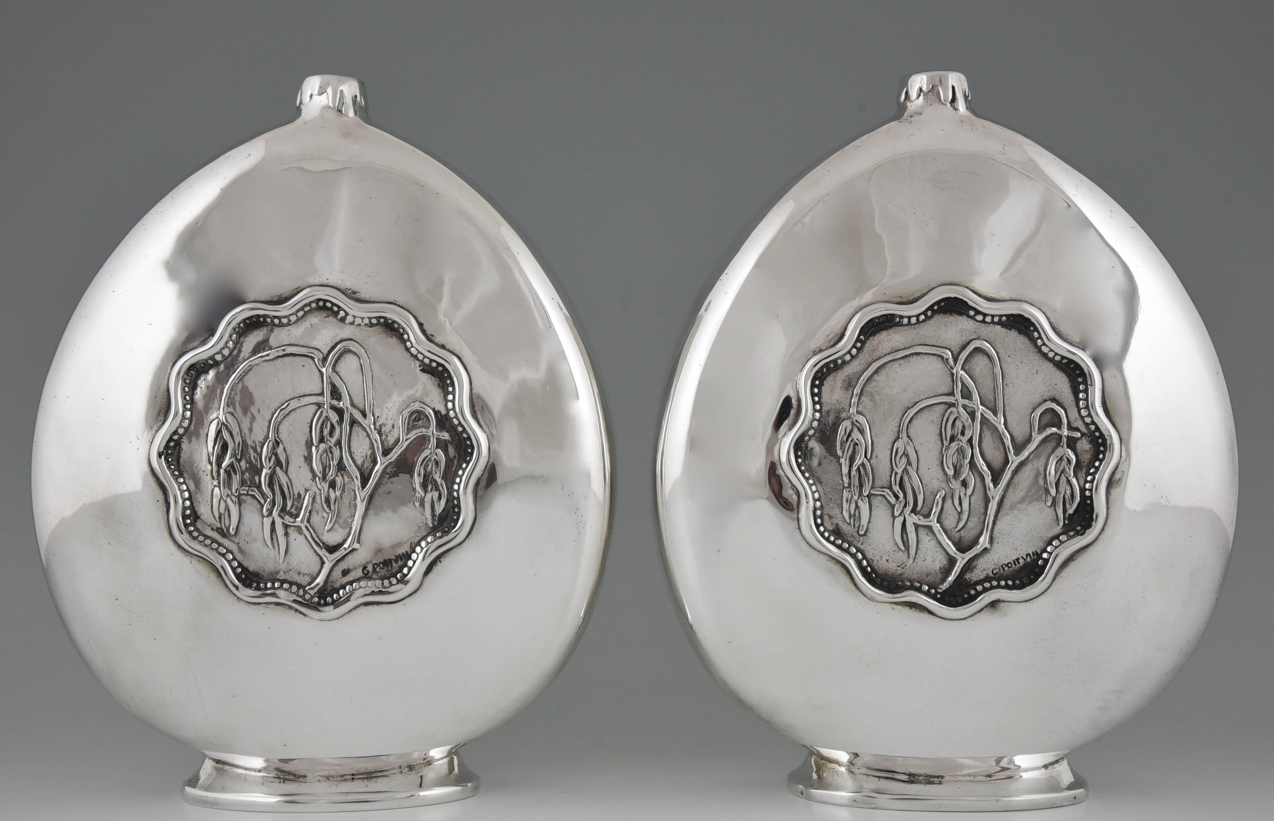 20th Century French Pair of Silvered Bronze Art Deco Vases by G. Poitvin 1930