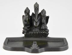 Art Deco pen tray with Three Pelicans Staring at a Frog by Artus 1930 France