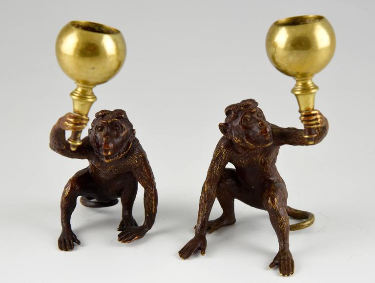Pair of Antique Vienna Bronze Monkey Candlesticks By F. Bergmann 1900