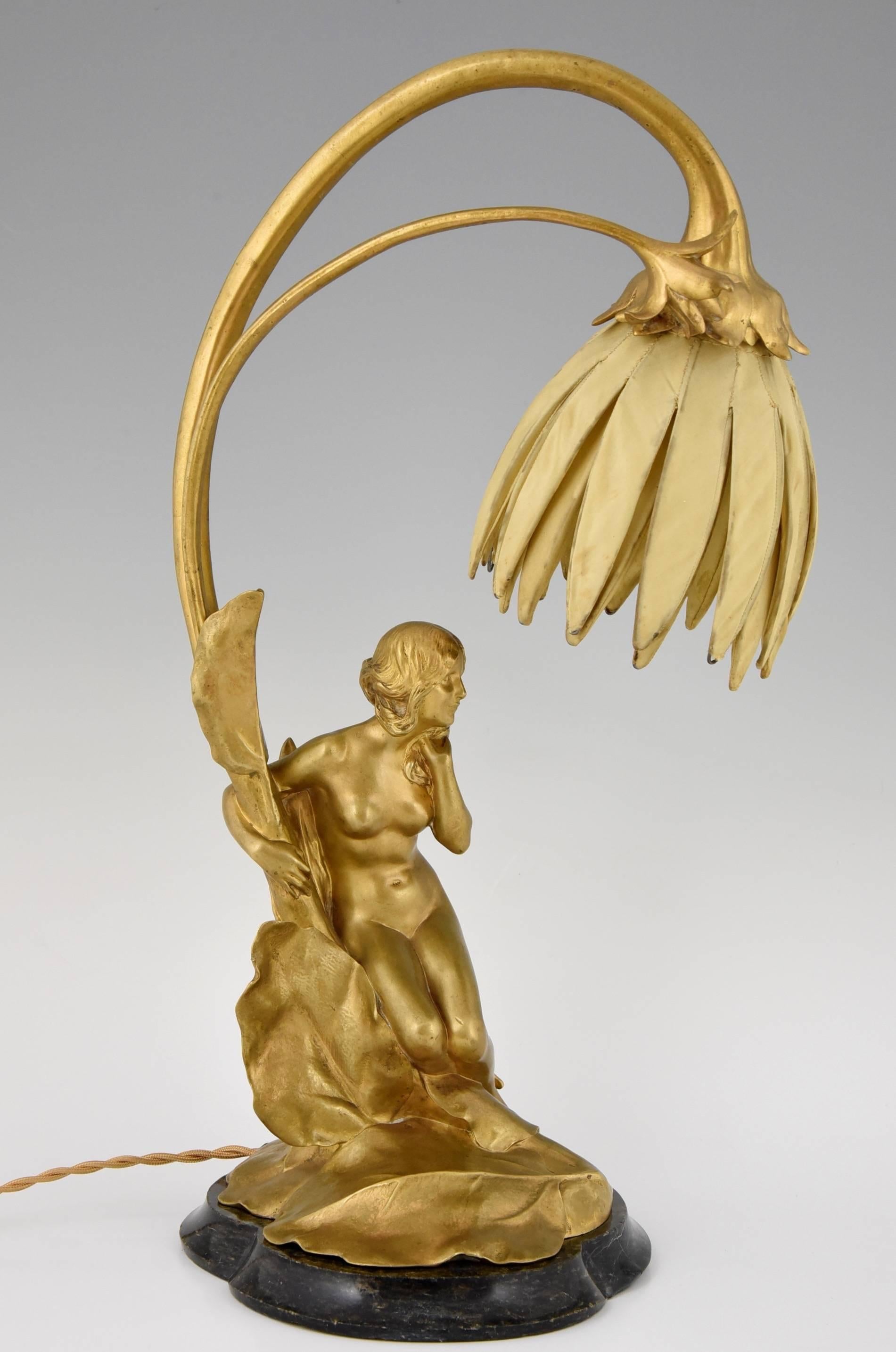 French Art Nouveau Gilt Bronze Lamp with Nude by Maurice Bouval, Colin Foundry 1900