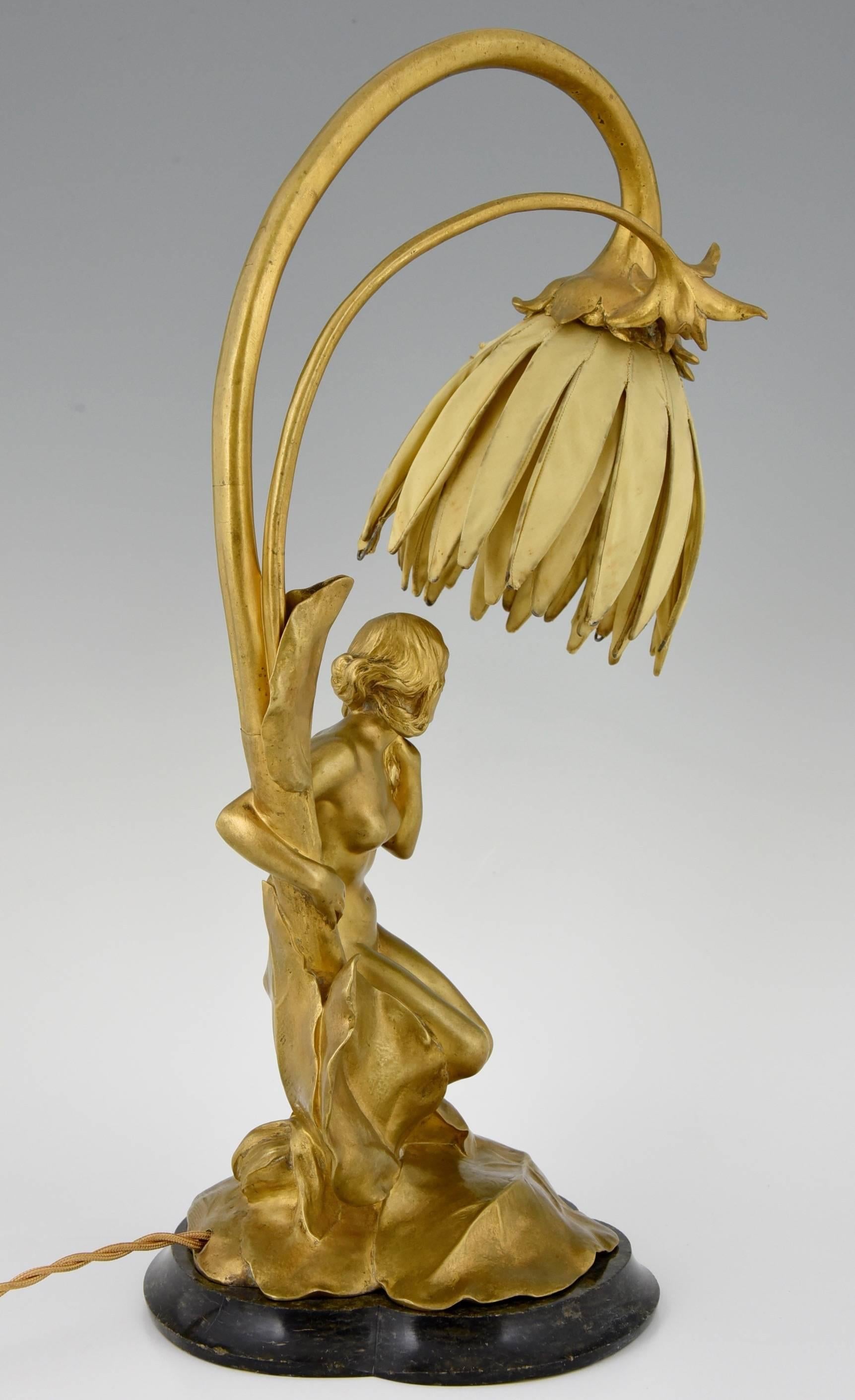 20th Century Art Nouveau Gilt Bronze Lamp with Nude by Maurice Bouval, Colin Foundry 1900