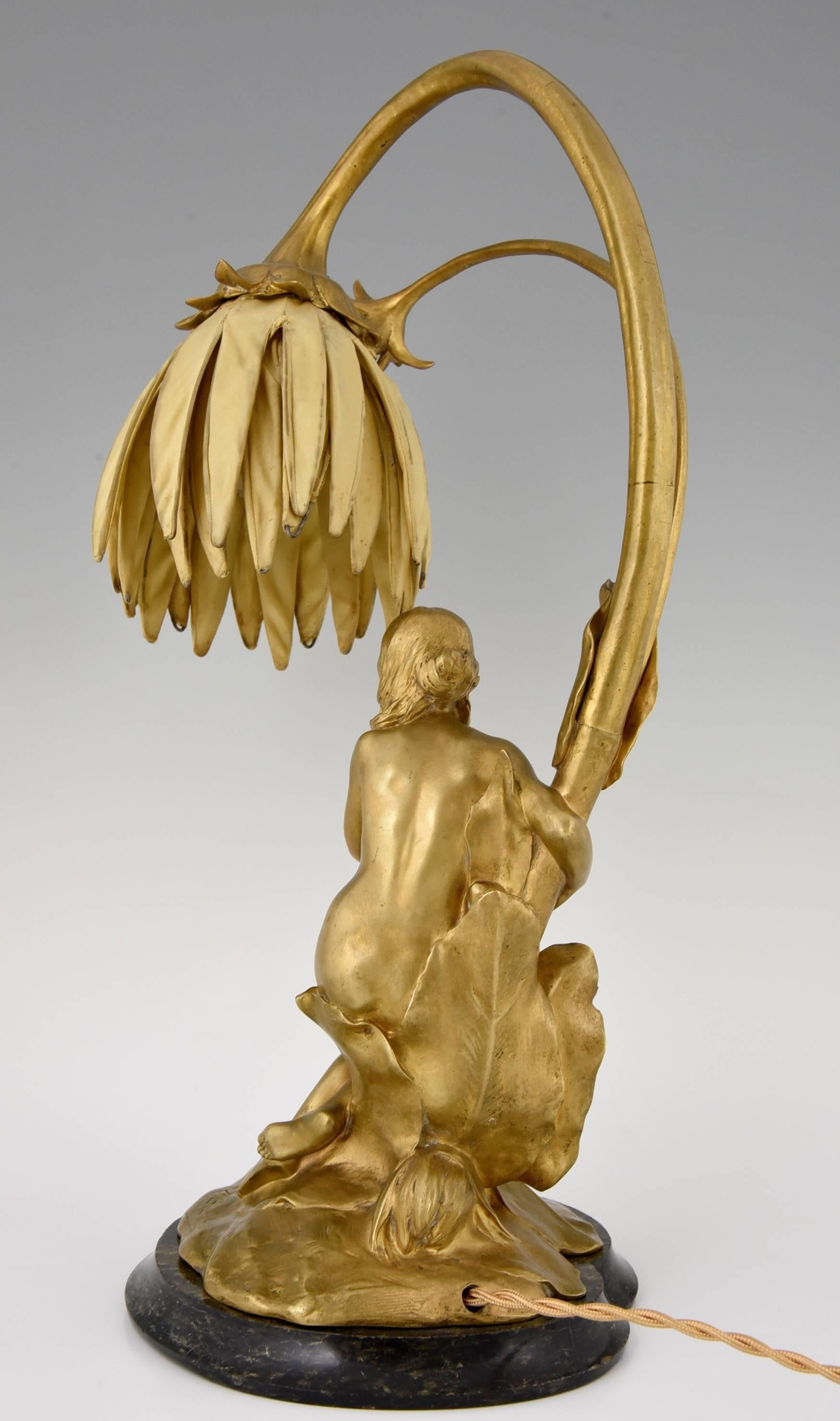 Art Nouveau Gilt Bronze Lamp with Nude by Maurice Bouval, Colin Foundry 1900 1