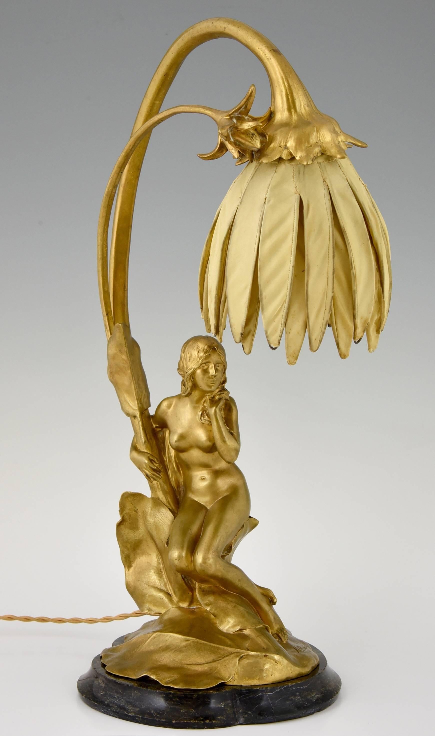 Art Nouveau Gilt Bronze Lamp with Nude by Maurice Bouval, Colin Foundry 1900 In Good Condition In Antwerp, BE