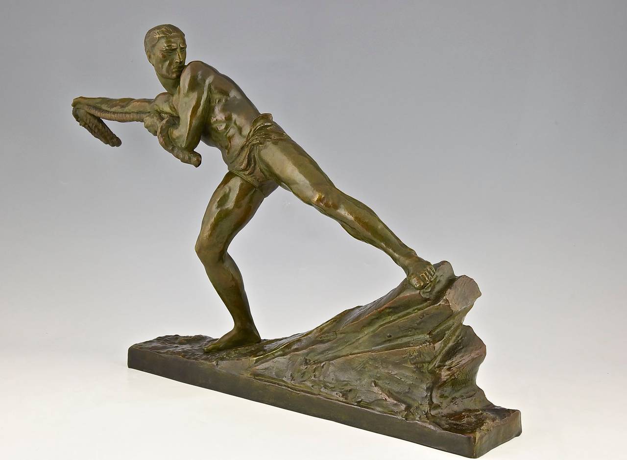 Art Deco Bronze Sculpture Athlete Male Nude Pierre Le Faguays, 1930, France (Art déco)