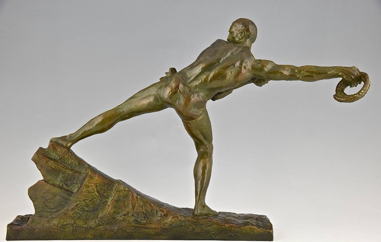 Art Deco Bronze Sculpture Athlete Male Nude Pierre Le Faguays, 1930, France (Patiniert)