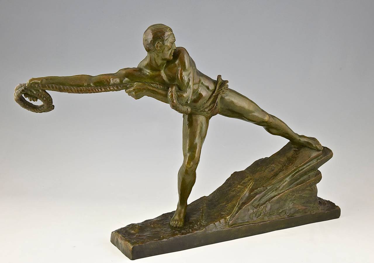 Art Deco Bronze Sculpture Athlete Male Nude Pierre Le Faguays, 1930, France 1