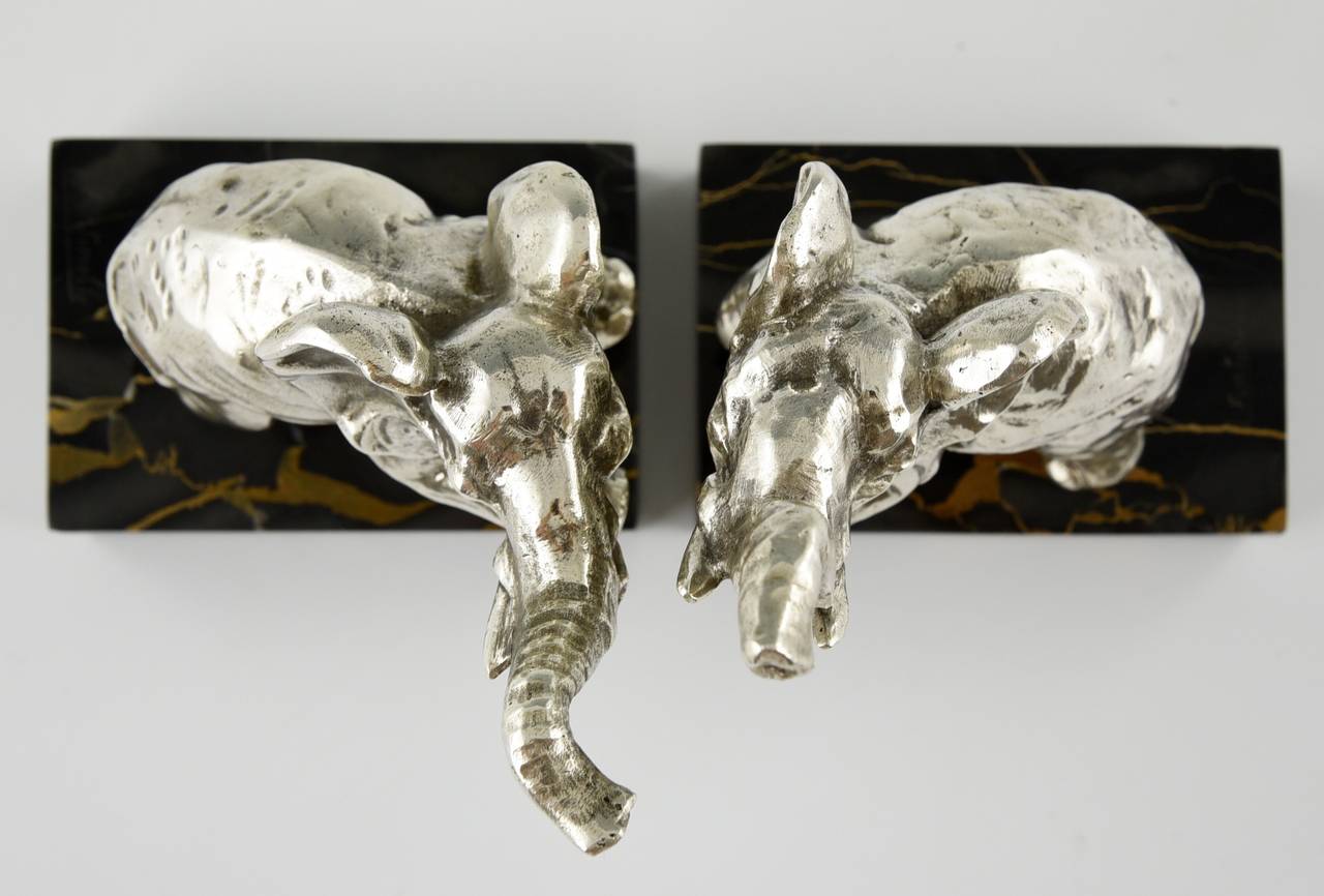 Versilberte Elefanten-Buchstützen aus Bronze im Art déco-Stil von Fontinelle, 1930, Frankreich 2