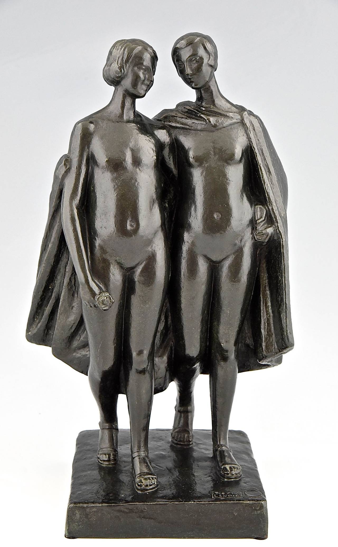 Art Deco bronze sculpture of two nudes by Pierre Lenoir.
Signature and marks: 
Pierre Lenoir, Foundry seal Meroni Radice, Cire perdue, Paris. 
Style: Art Deco. 
Date: 1925-1930.

Material: Patinated bronze.
Origin: France.
Size:
H 15.3 inch