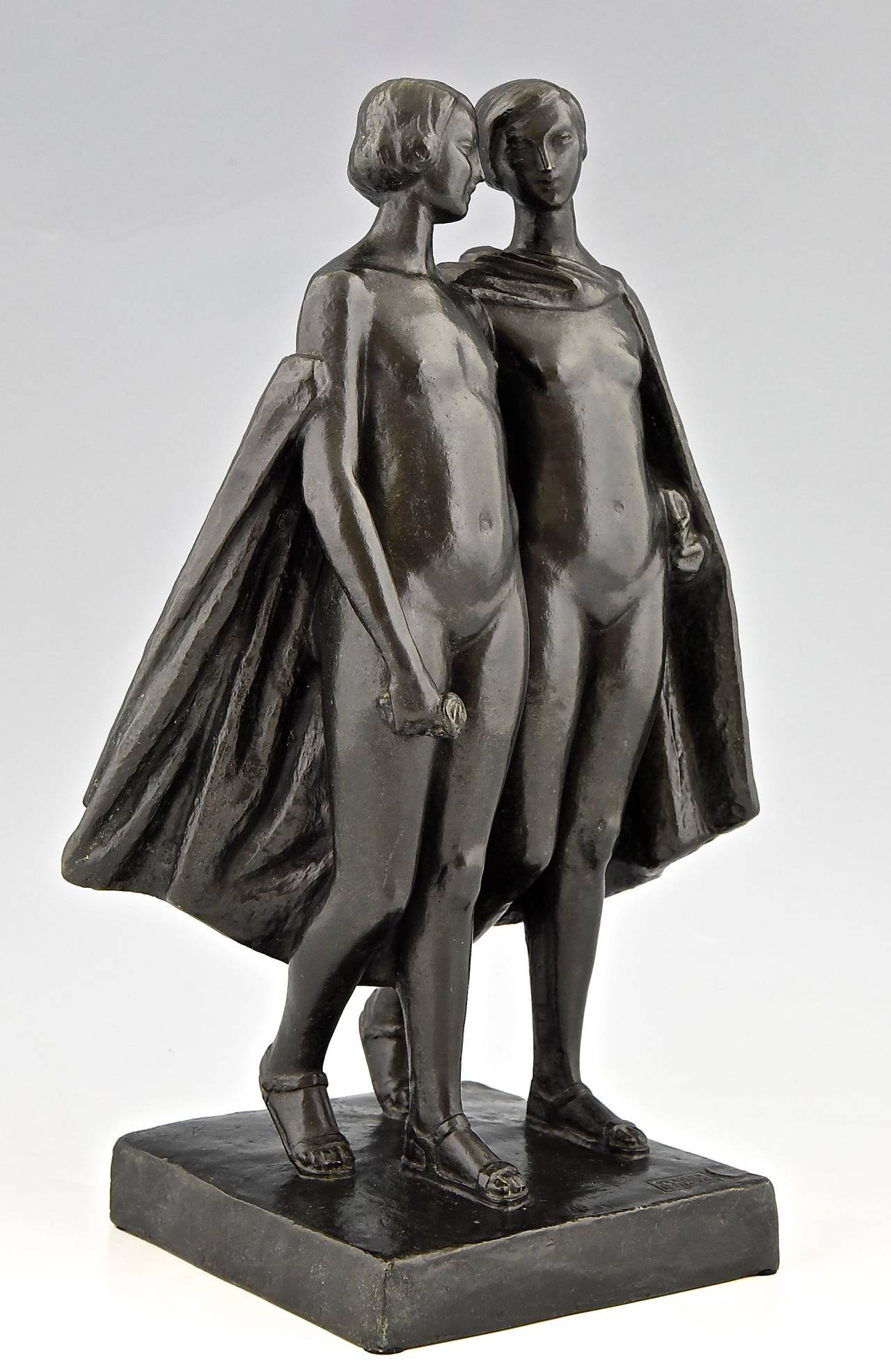 Patinated Pierre Lenoir Art Deco Bronze Sculpture of Two Nudes 1930  France