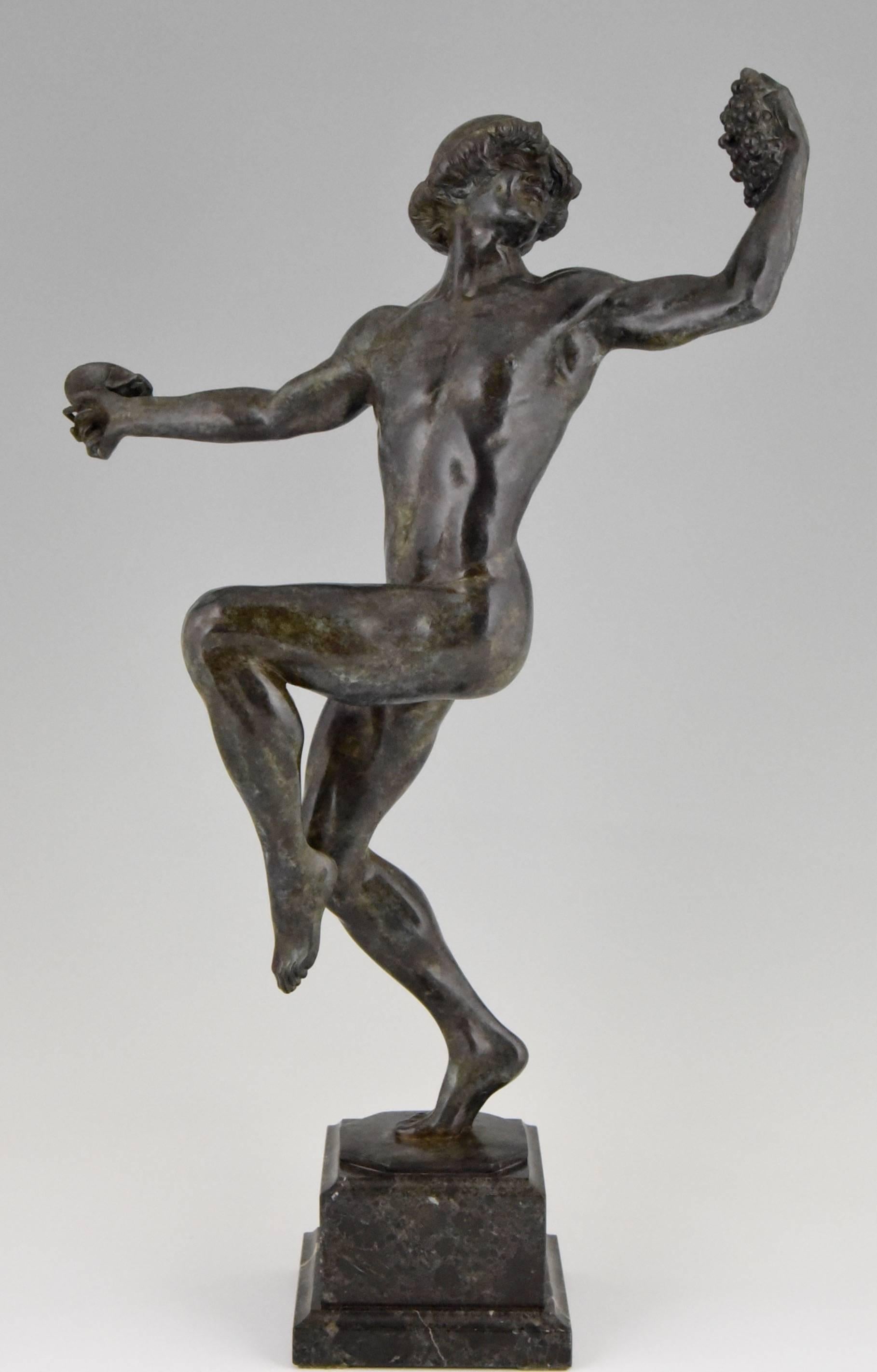 Male nude, dancing bacchant. 
Artist: Rudolf Marcuse, born in Germany in 1878.
Signature/Marks: R. Marcuse.
Date: 1900. 
Material: Bronze, verdigris patina.
Origin: Germany. 
Dimensions: Size:  
H 19.9 inch x L 12.2 inch x W 7.1 inch.
H 50.5