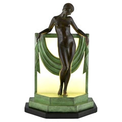 Antique Art Deco Style Lamp Nude with Scarf by Fayral for Max Le Verrier Séréntité