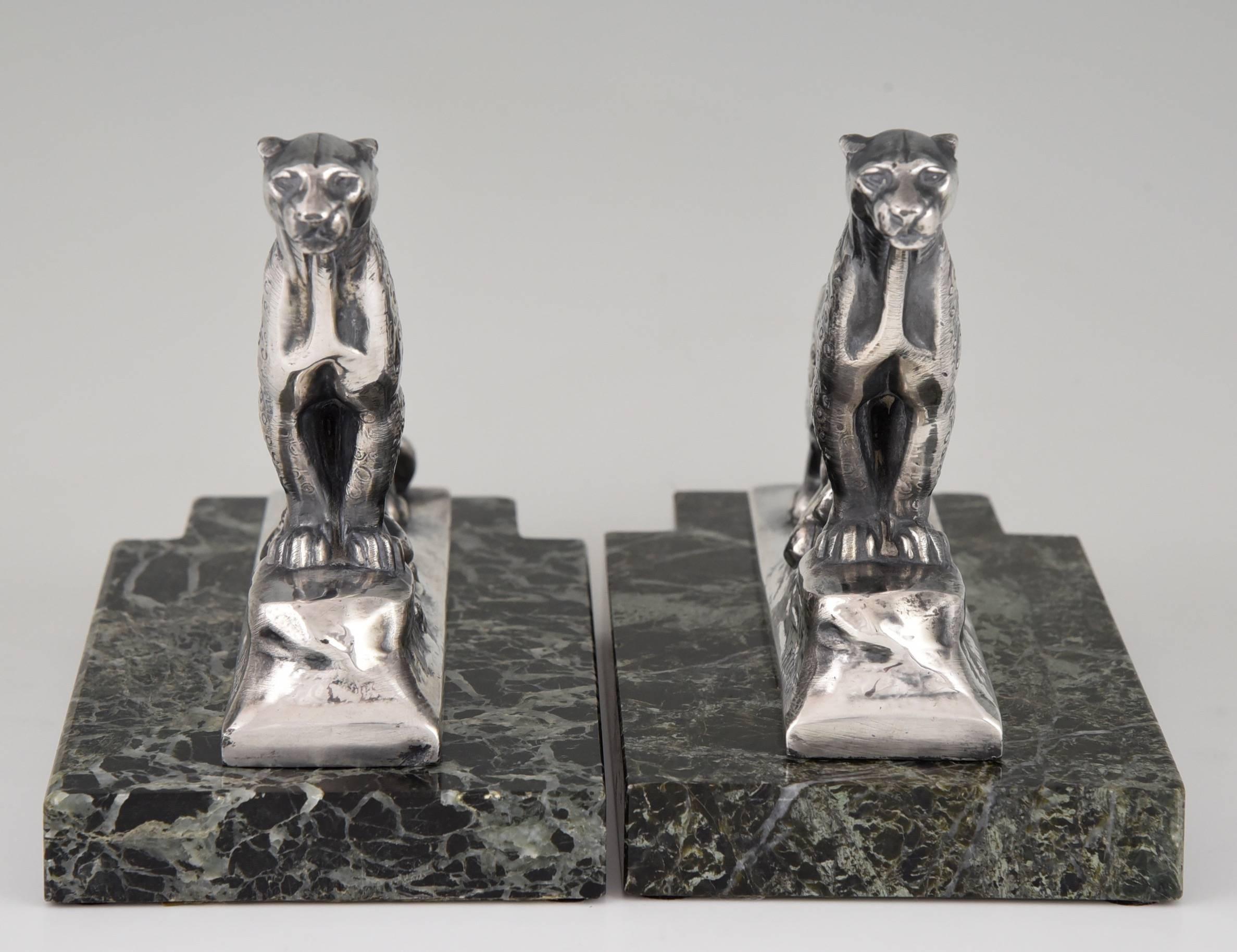 Marble French Art Deco Panther Bookends by Frecourt, 1930