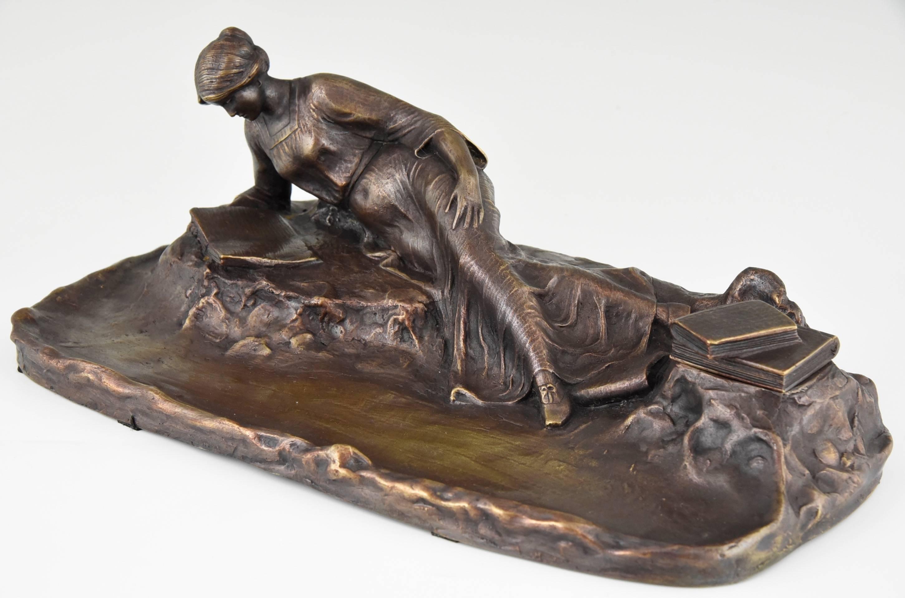 Belgian Art Nouveau Bronze Inkwell with Reading Lady by Jochems, 1895