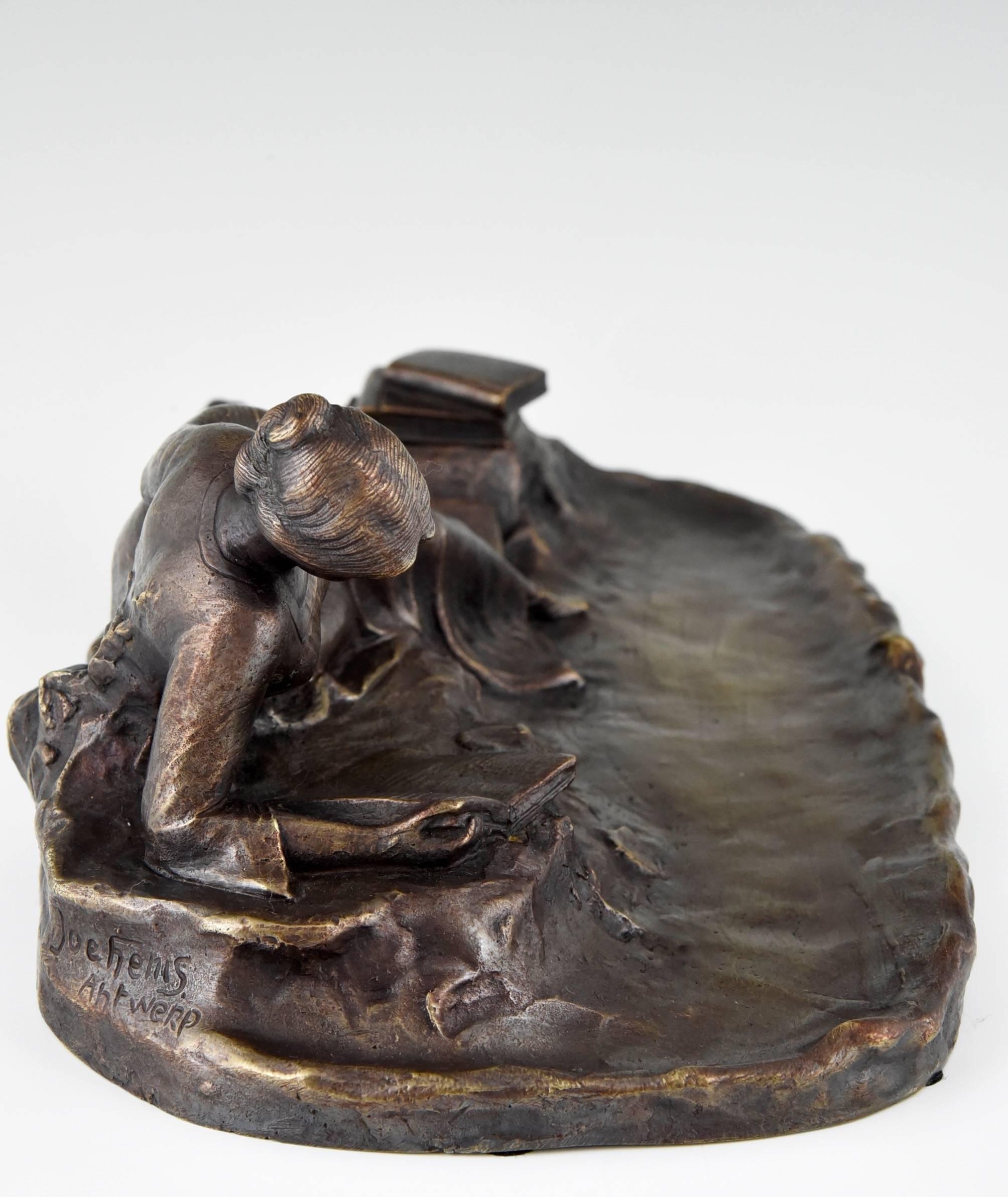 Patinated Art Nouveau Bronze Inkwell with Reading Lady by Jochems, 1895